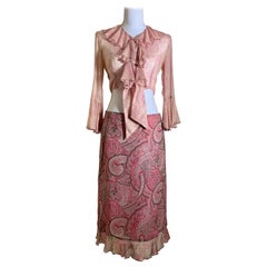 Anna Sui Vintage Two-Piece Pink Paisley & Snakeskin Print Ruffled Ensemble 1990s