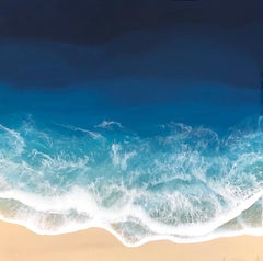 "Liquid Sea" mixed media painting of blue ocean waves from aerial view