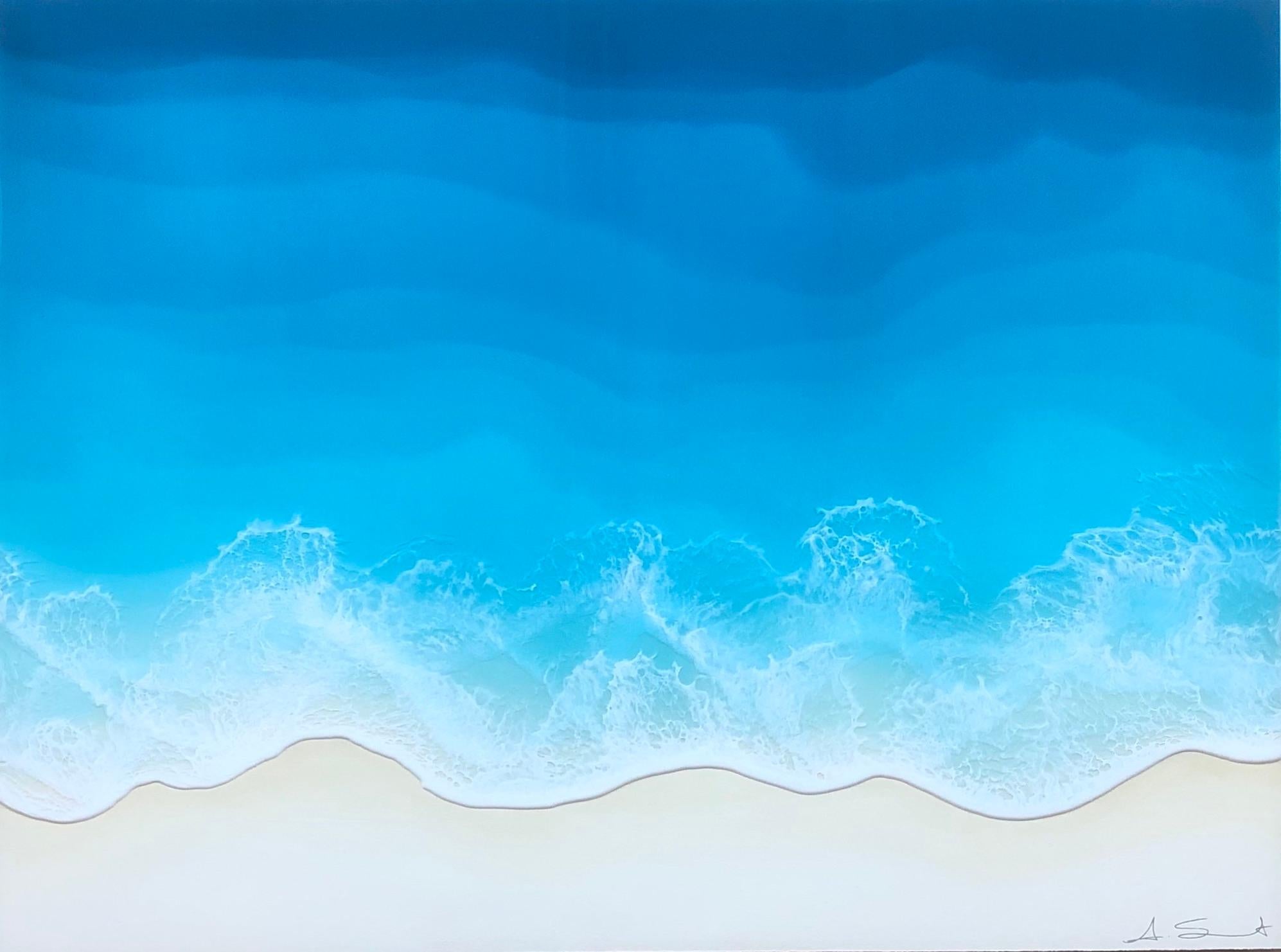 Anna Sweet Figurative Painting - "Neap Tide" mixed media painting of deep blue ocean waves from aerial view