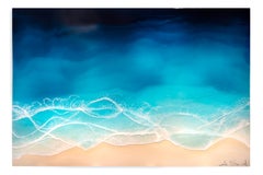 "Point Break" mixed media painting of blue ocean waves from arial view