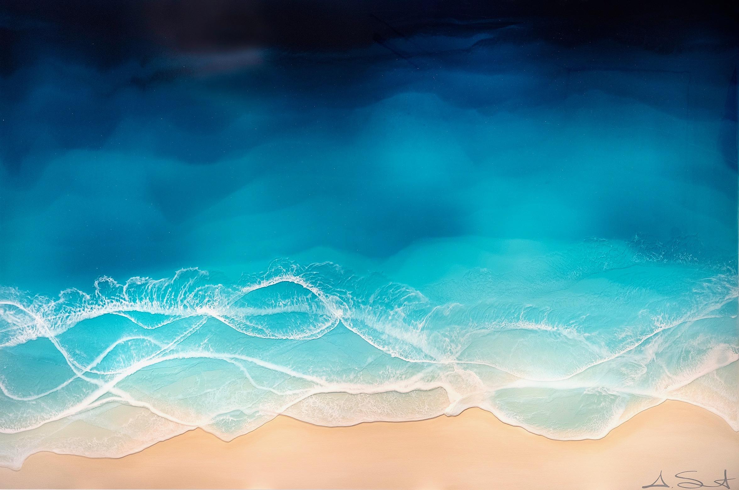 Anna Sweet Landscape Painting - "Point Break" mixed media painting of blue ocean waves from arial view