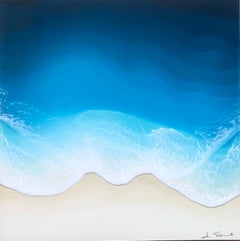 "Sand & Sea A(Diptych)" mixed media painting of deep blue waves from aerial view
