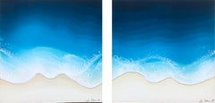 "Sand & Sea B(Diptych)" mixed media painting of deep blue waves from aerial view