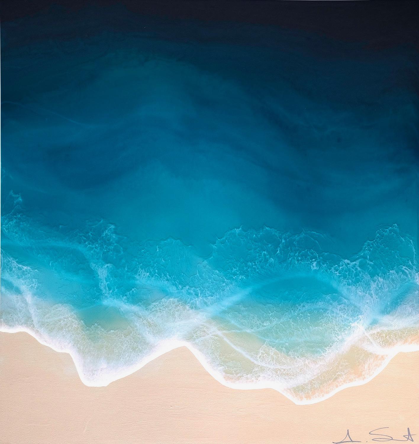 Anna Sweet Landscape Painting - "Sea Spray" mixed media painting of blue ocean waves from aerial view