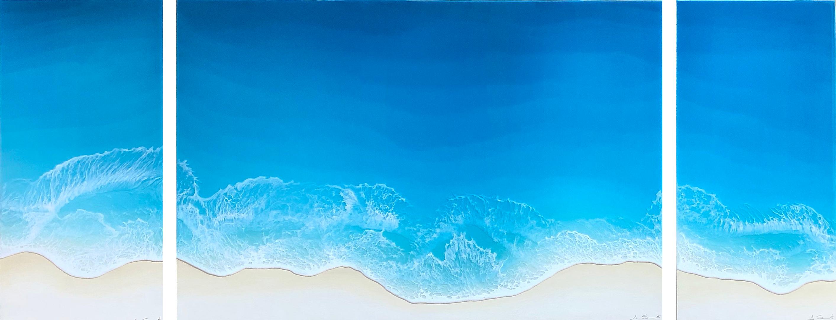Anna Sweet Landscape Painting - "Sprint Tide" mixed media painting of blue ocean from aerial view