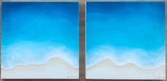 "Wind & Water A" Mixed media painting of blue ocean waves from aerial view