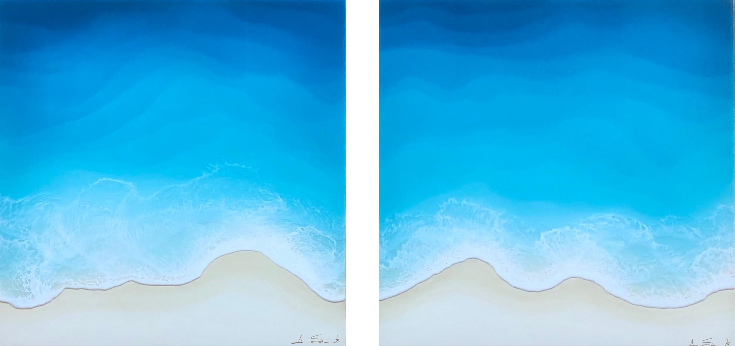 "Wind 
Water A" Mixed media painting of blue ocean waves from aerial view - Painting by Anna Sweet