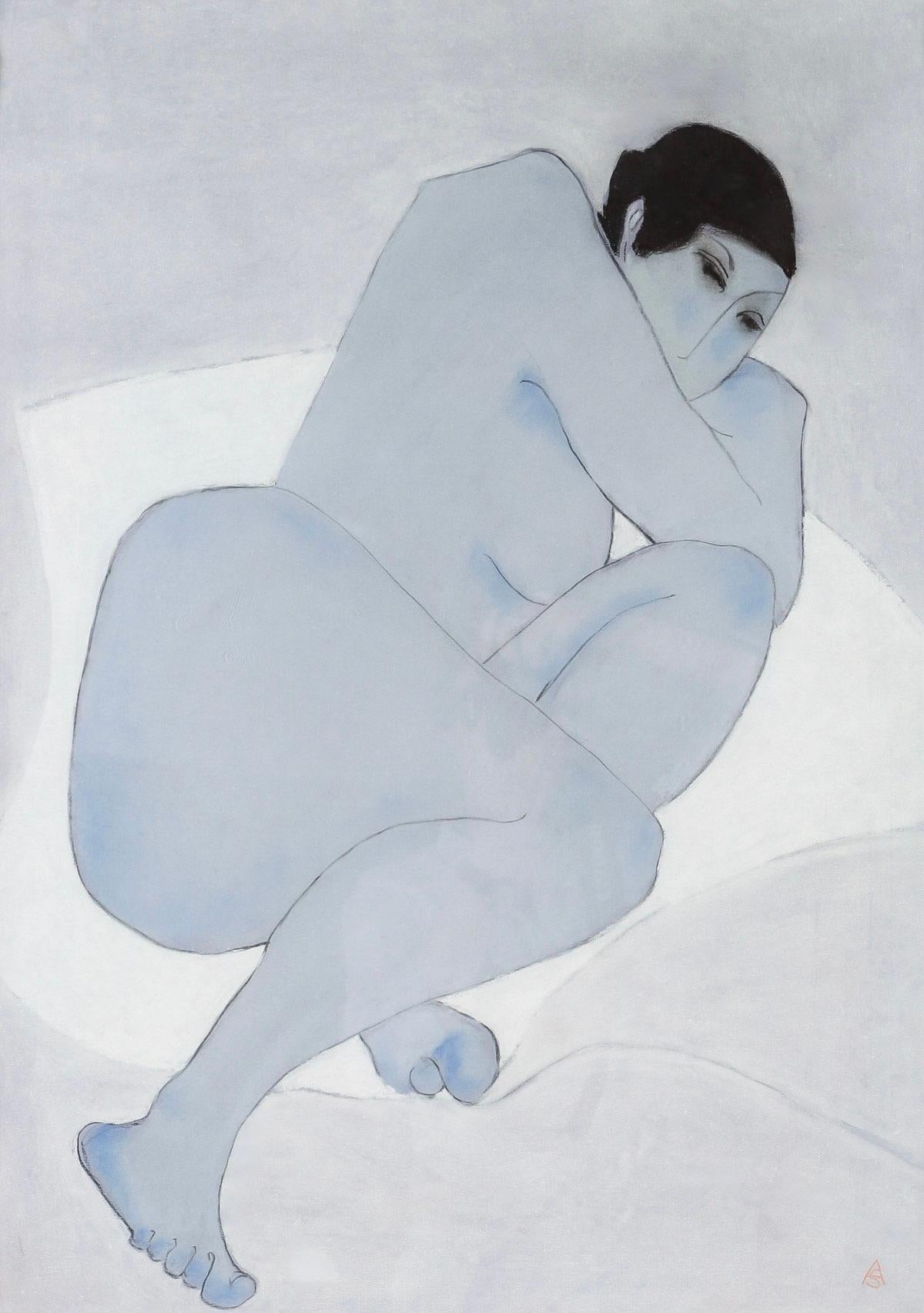 Anna Sylverberg, pastel à l'huile, partie d'une série de nus, monogramme AS, 1962.
Représentation d'une femme nue alanguie, rehaussée de touches de bleu et de cheveux noirs de jais.
dimensions du cadre 94 cm 63,5 cm
