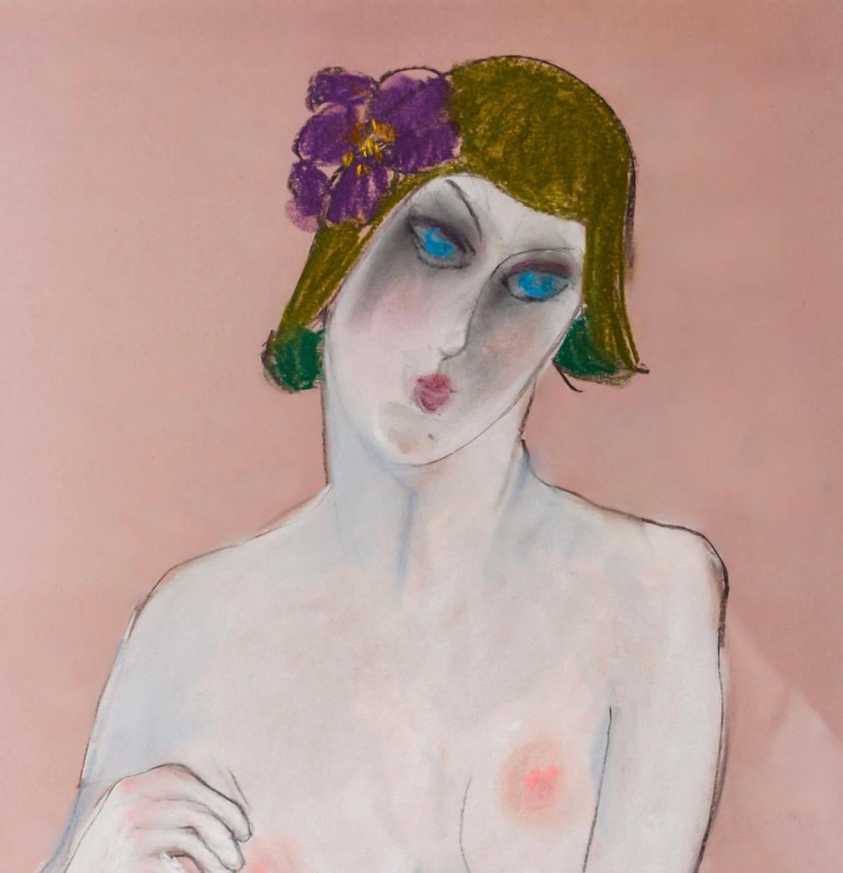 Oil pastel by Anna Sylverberg, part of a series of nudes, monogrammed AS, 1962.
Depiction of a nude woman seated in a languorous position, her face made up and her chestnut hair adorned with a mauve flower and green earrings.
The background is light