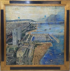 Peinture acrylique « Port Olimpic » de Barcelone, expressionniste, encadrée, 2010+