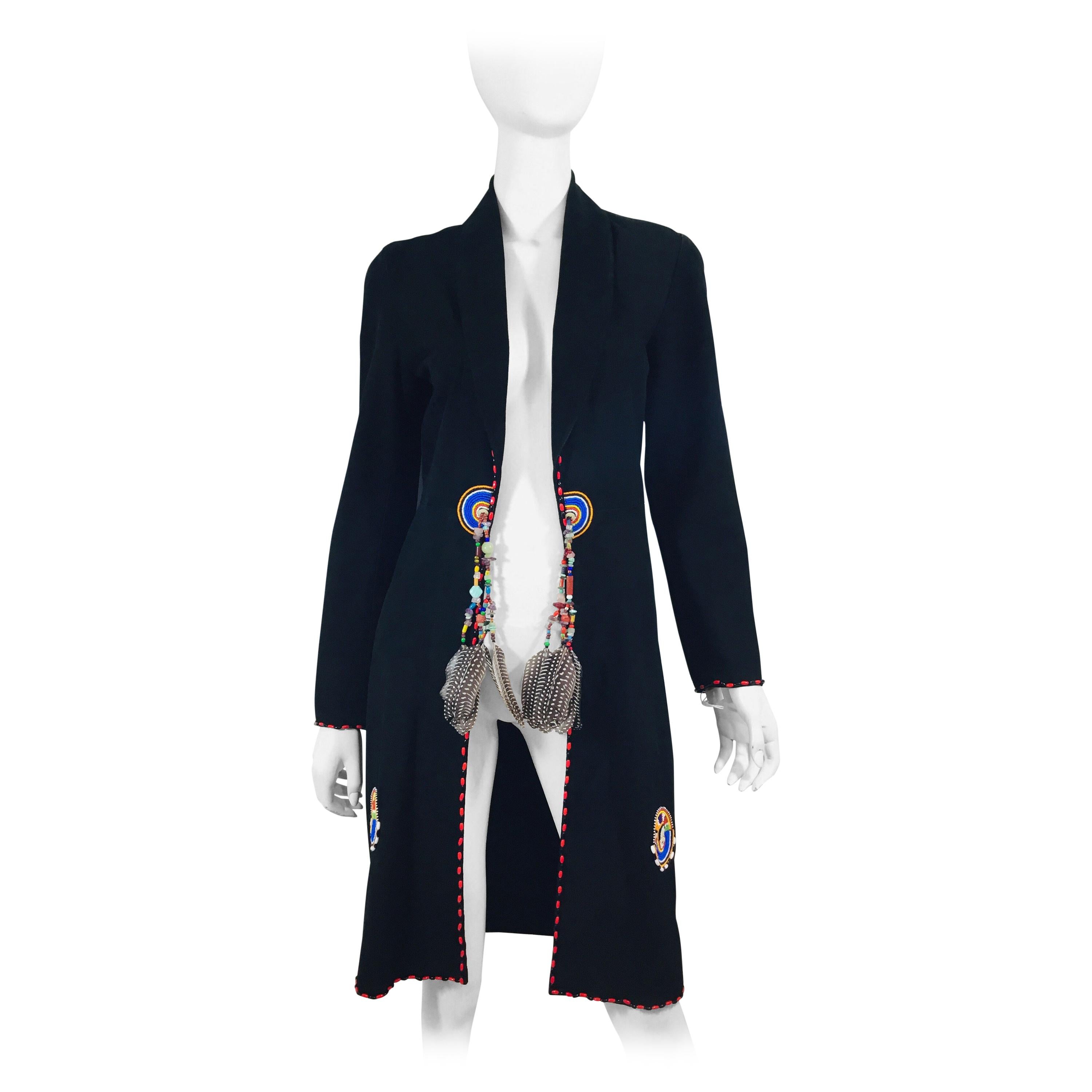 Anna Trzebinski Suede Coat with Feather and Bead Detail
