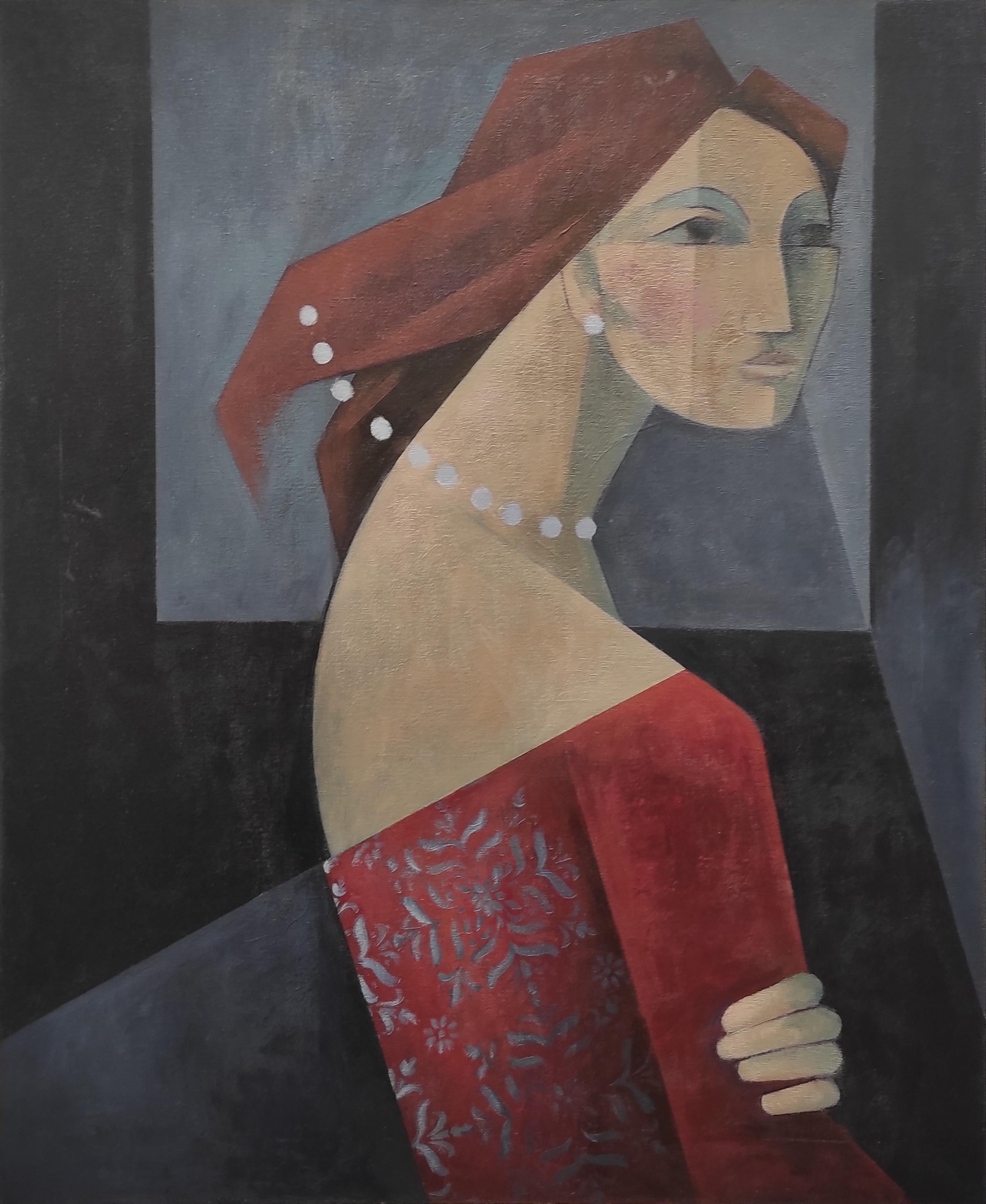 Figurative Painting di Anna Tubau - "La mujer de rojo". Figurativo, minimalista, figura umana, ritratto