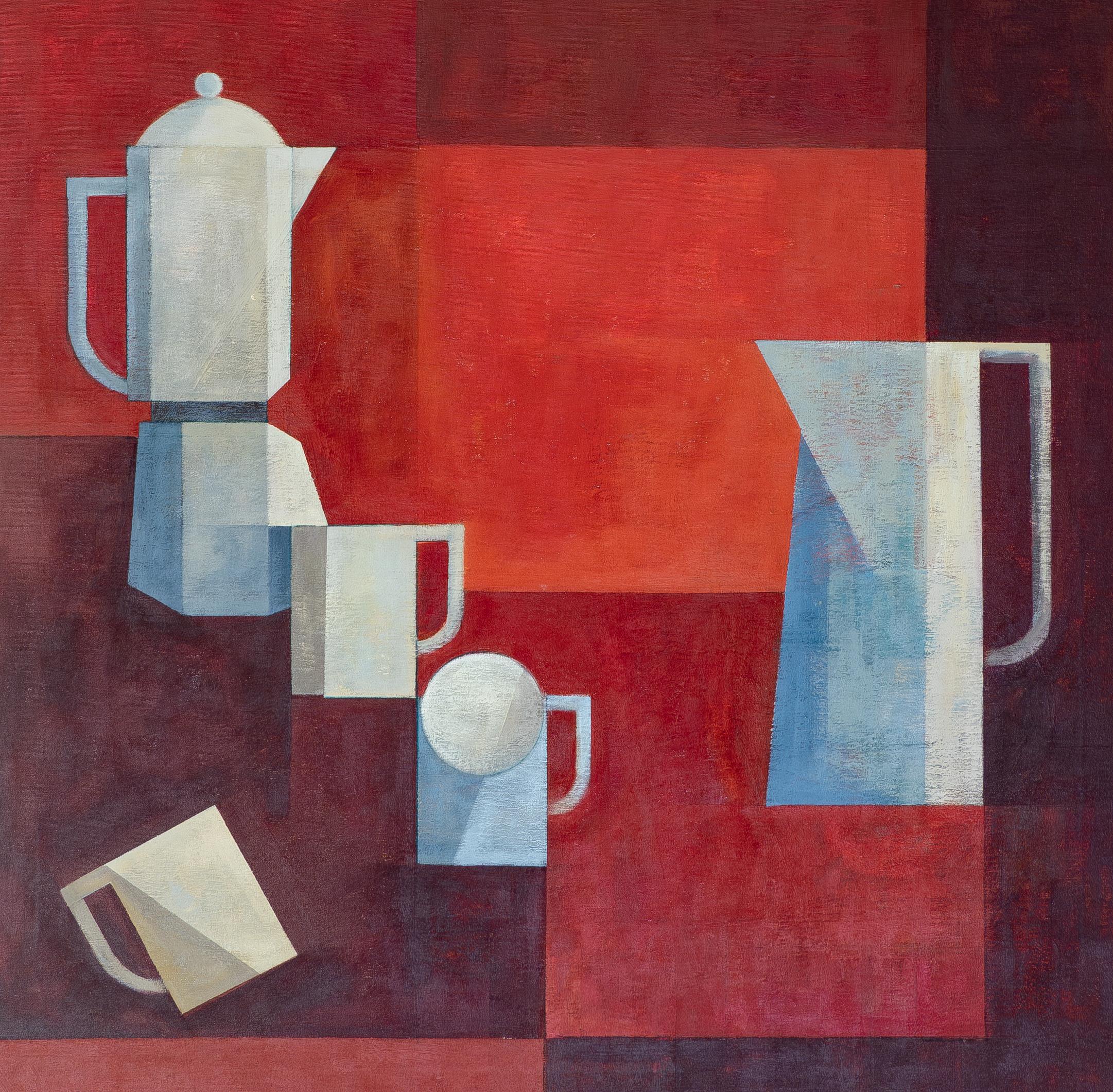 Portrait Painting de Anna Tubau - "Mantel rojo". Figurativo, minimalista, geométrico, objetcs, naturaleza muerta
