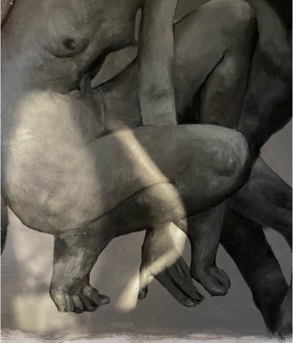 Gran cuadro figurativo al óleo con desnudo Anna Veriki Paisaje oscuro surrealista en venta 1