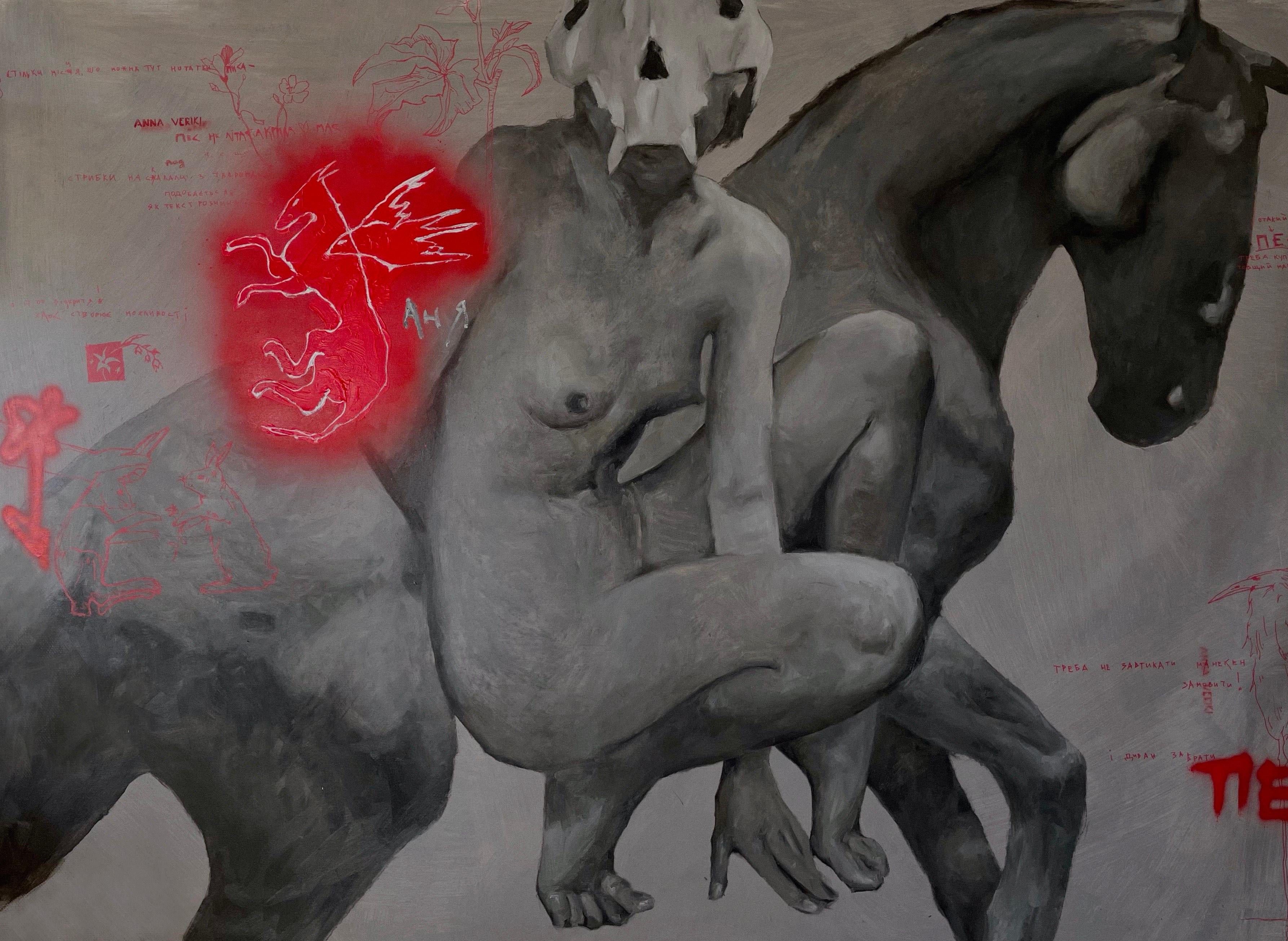 Gran cuadro figurativo al óleo con desnudo Anna Veriki Paisaje oscuro surrealista en venta 4