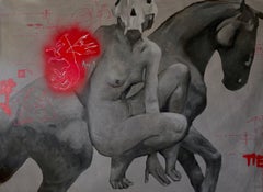 Gran cuadro figurativo al óleo con desnudo Anna Veriki Paisaje oscuro surrealista