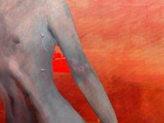 Large Figurative Oil Painting with Nude Greyhounds and Surreal Red Landscape