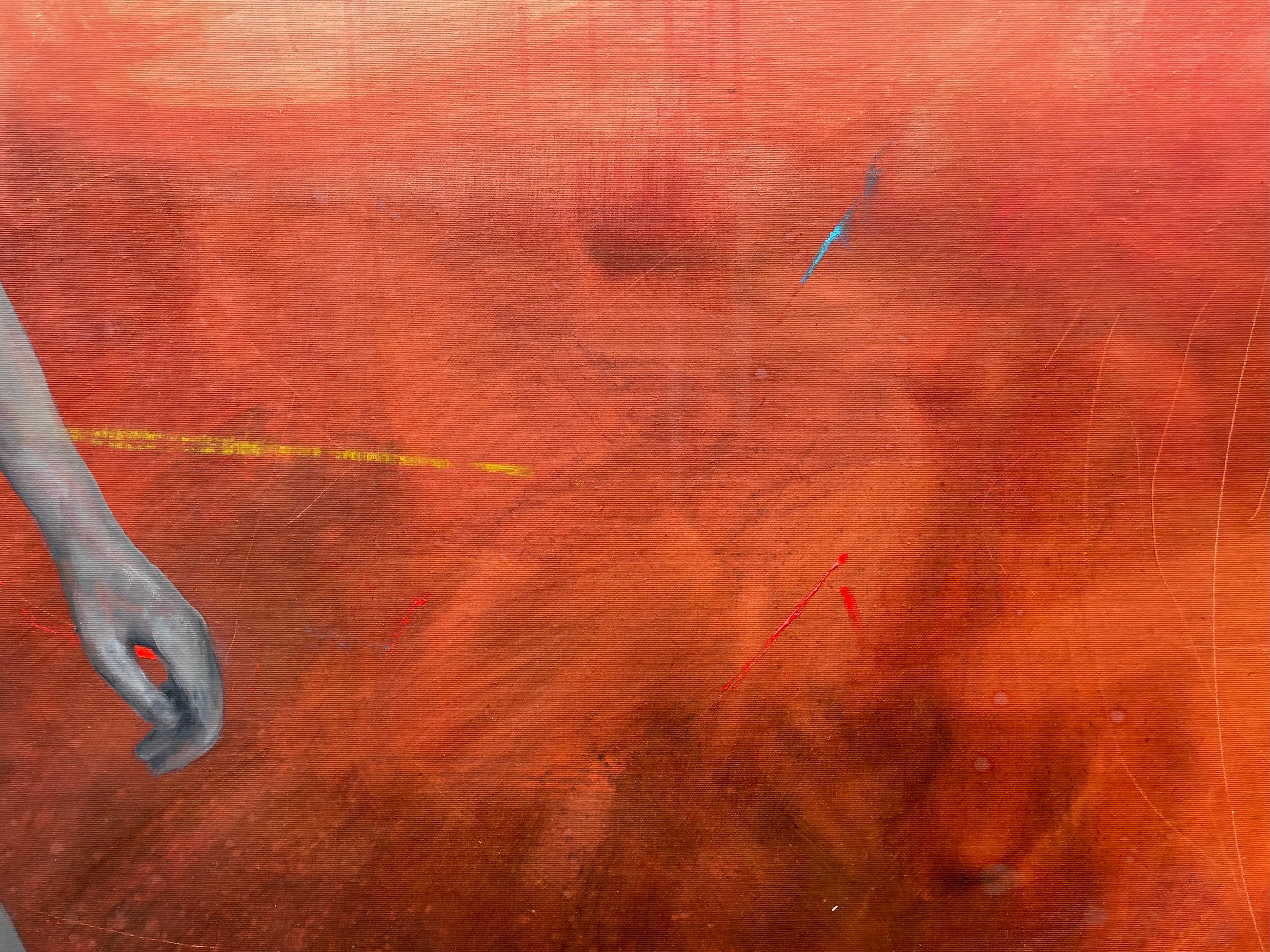 Large Figurative Oil Painting with Nude Greyhounds and Surreal Red Landscape For Sale 1