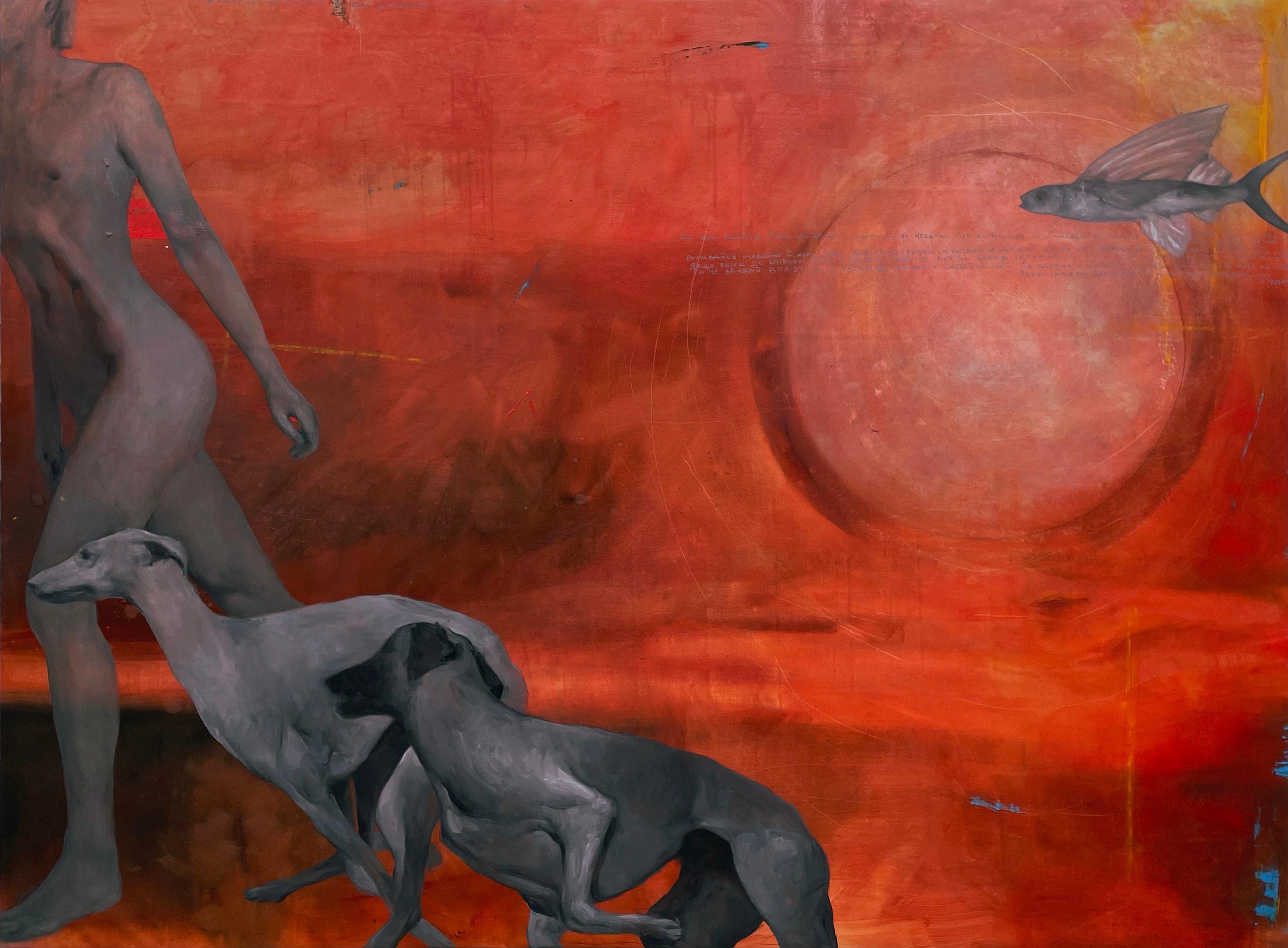 Large Figurative Oil Painting with Nude Greyhounds and Surreal Red Landscape For Sale 3