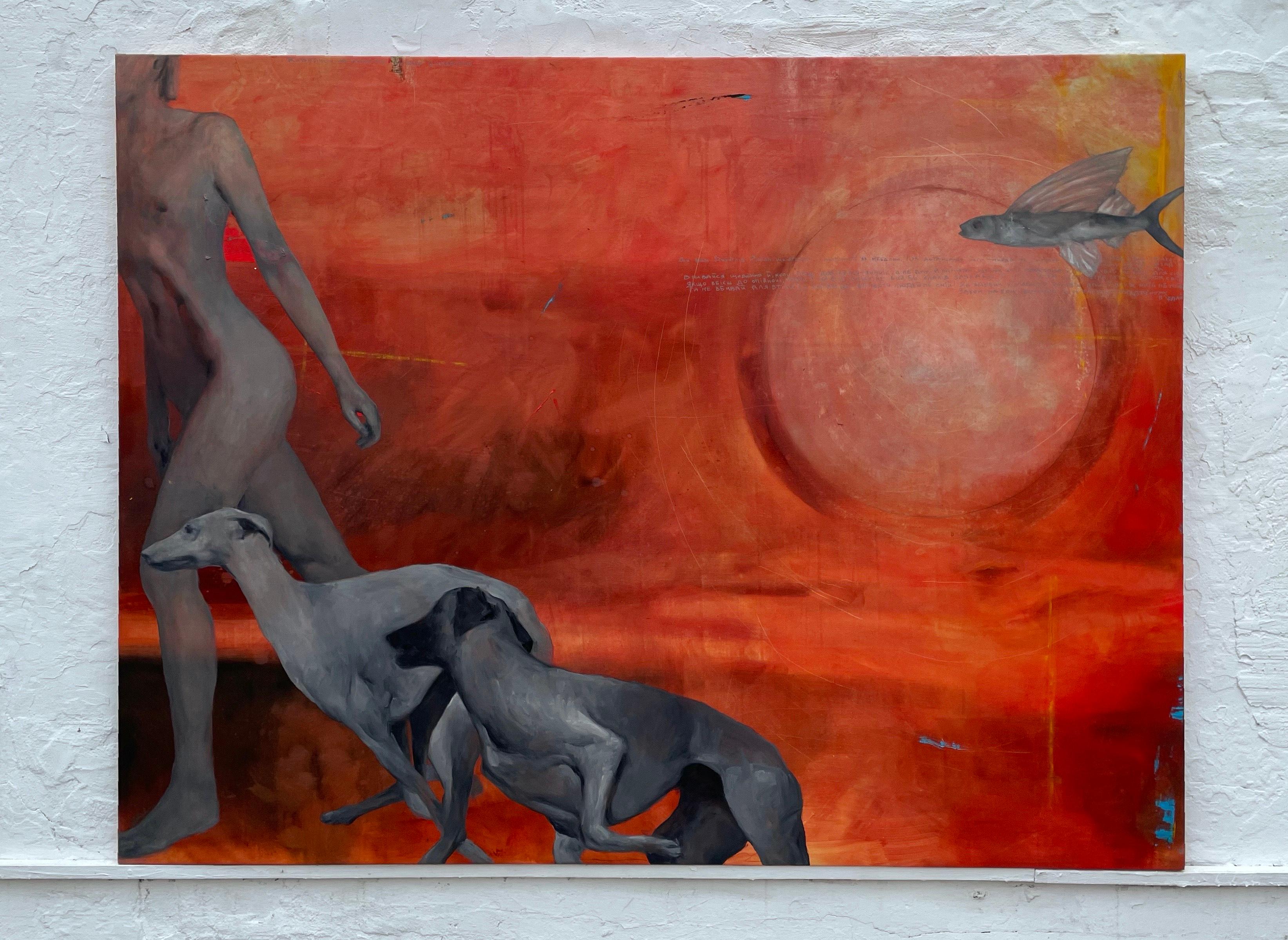 Large Figurative Oil Painting with Nude Greyhounds and Surreal Red Landscape For Sale 4