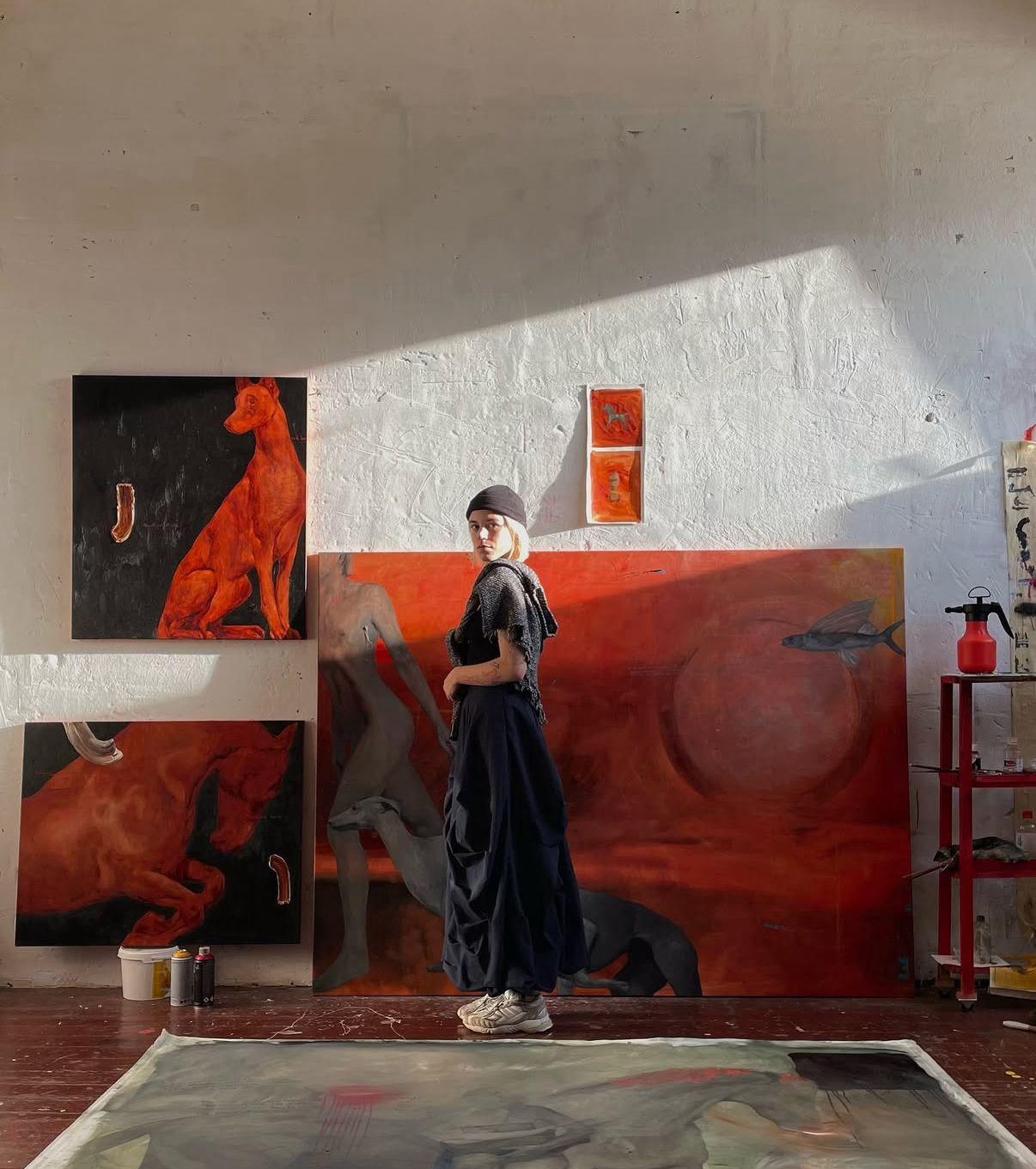Large Figurative Oil Painting with Nude Greyhounds and Surreal Red Landscape For Sale 5