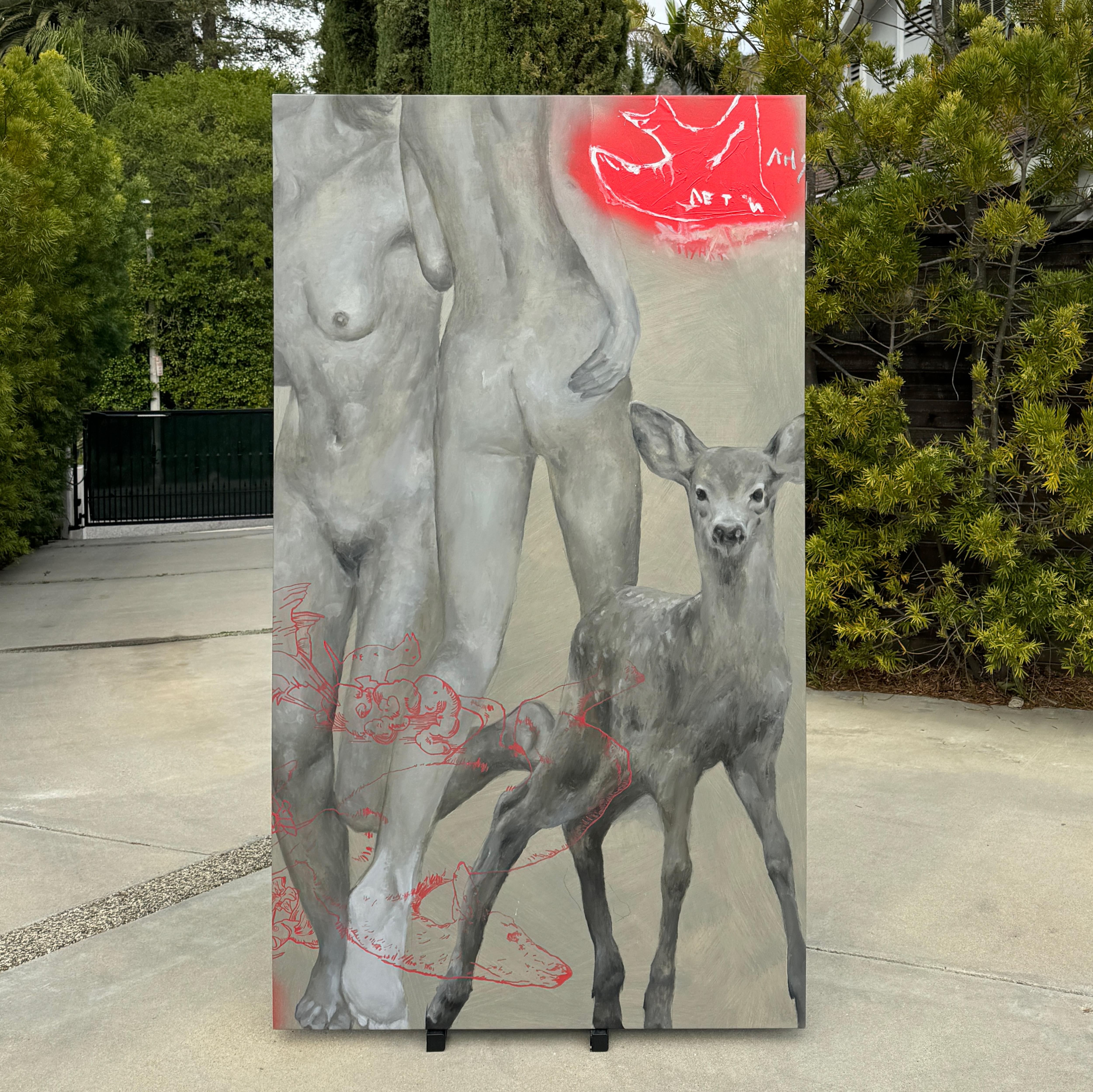 Grande femme mythique nue et cerf, peinture à l'huile surréaliste en gris, blanc,  Rouge - Painting de Anna Veriki