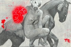 Large Mythic Nude Woman and Horse, Surreal Oil Painting in Gray, White,  Red