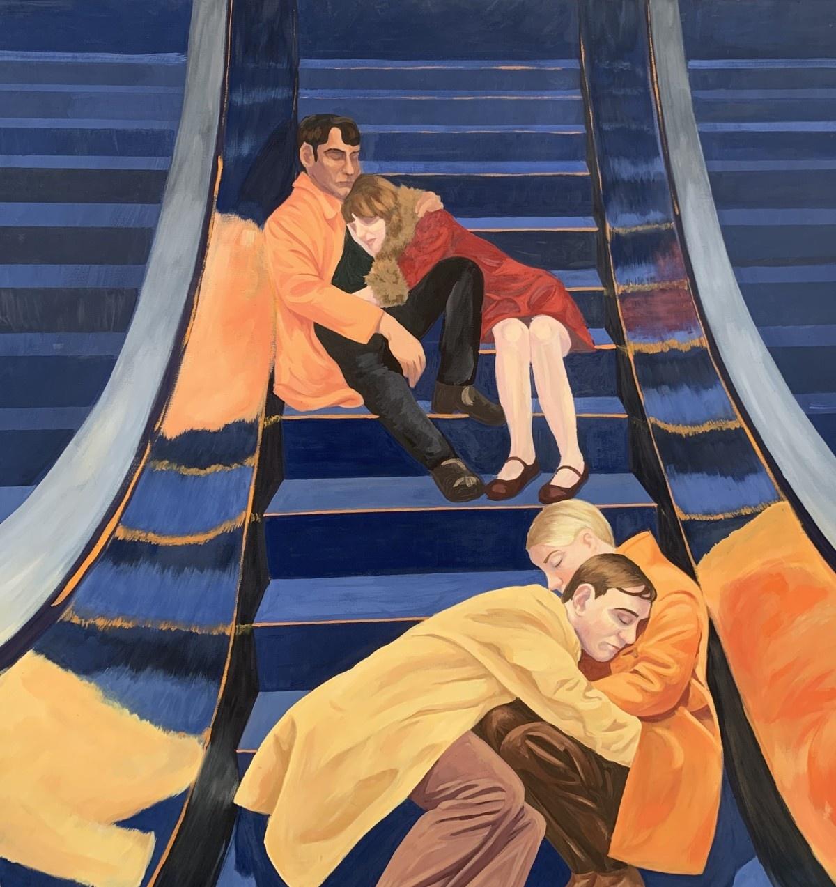 Escalator 2 - Young Polish artist, Social commentary, Realistic tempera painting - Painting by Anna Wardega