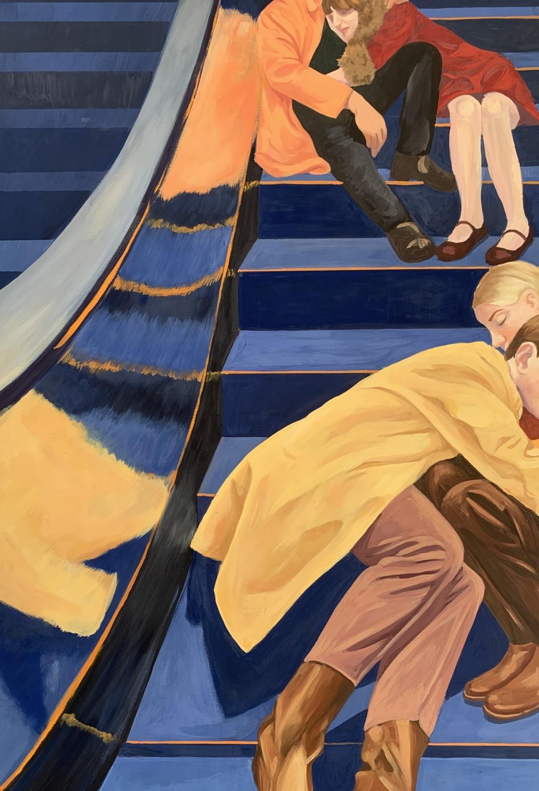 Escalator 2 - Young Polish artist, Social commentary, Realistic tempera painting For Sale 2