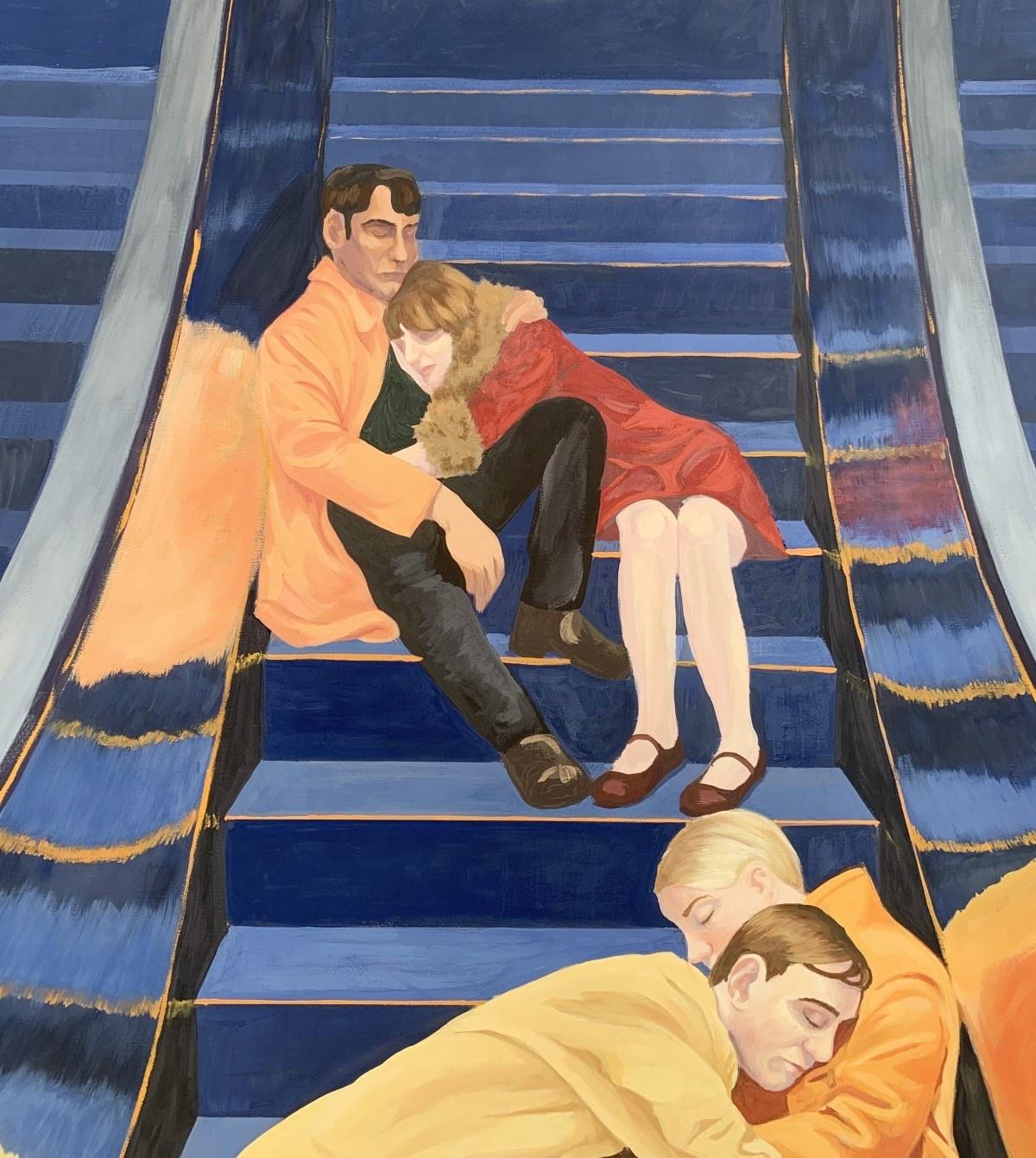 Escalator 2 - Young Polish artist, Social commentary, Realistic tempera painting For Sale 3