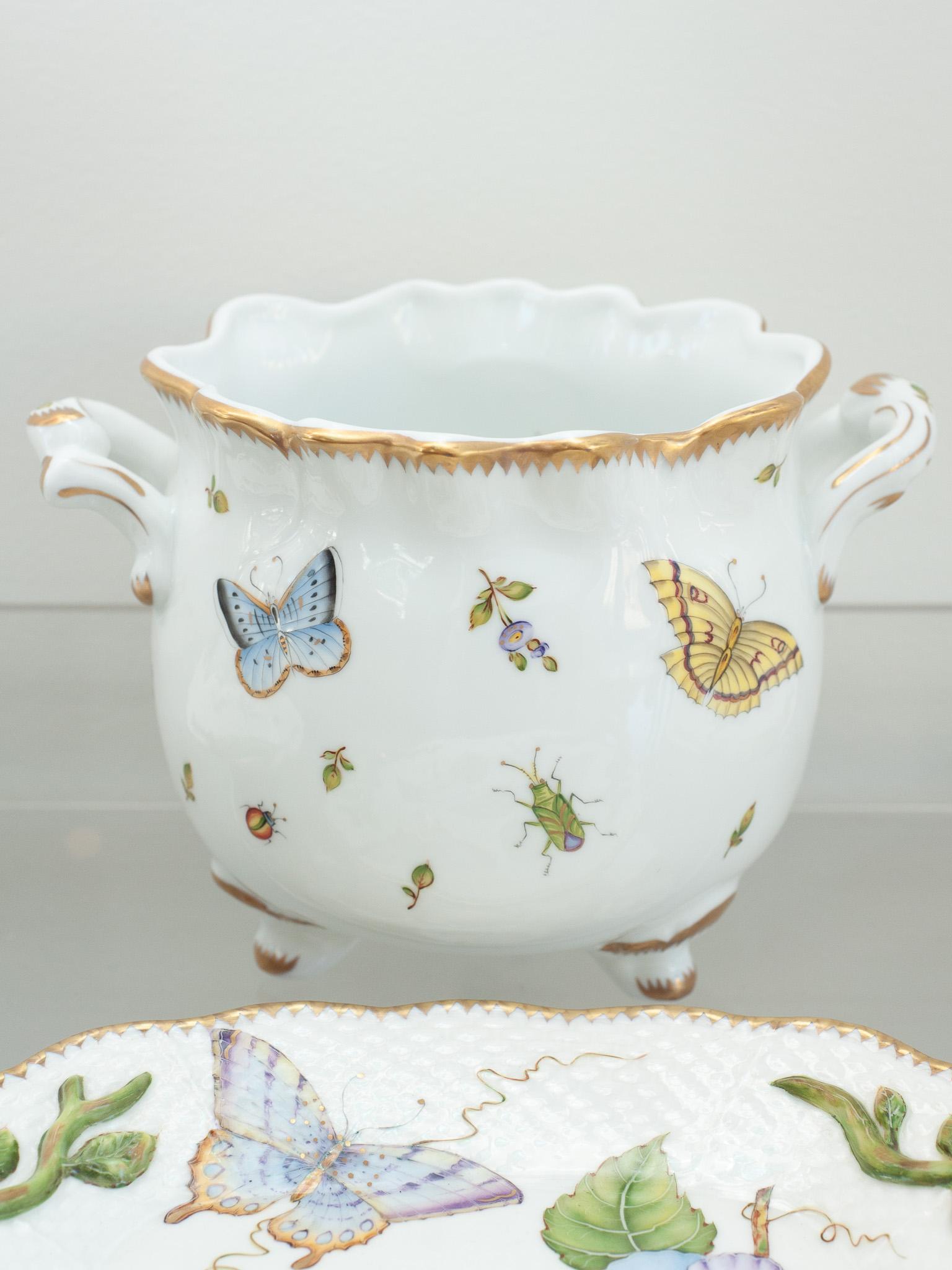 American Anna Weatherley Designs Hand-Painted Footed Porcelain Cachepot Handles For Sale