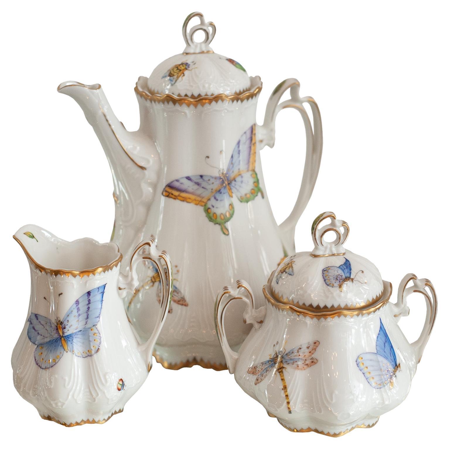 Anna Weatherley Designs Three Piece Tea Set Hand-Painted with Butterflies For Sale