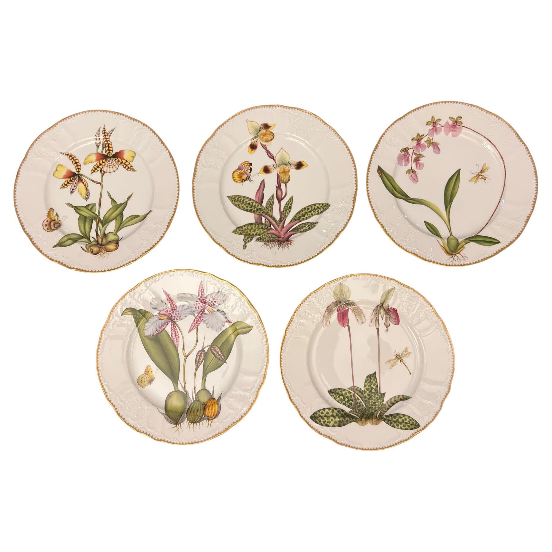 Anna Weatherley, Assiettes à dîner en forme d'orchidée peintes à la main - Lot de cinq, Hongrie, 2003 en vente