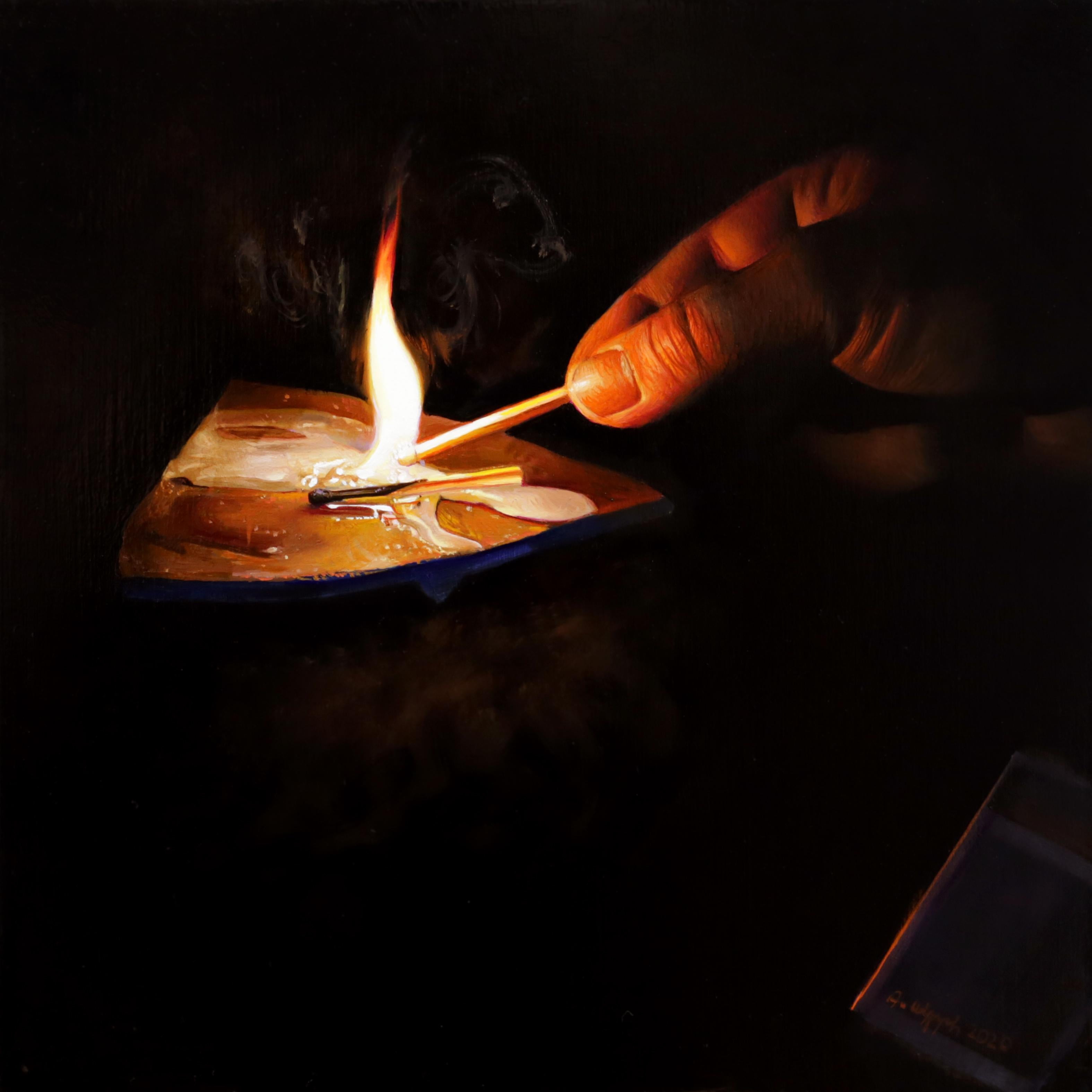 Anna Wypch Still-Life Painting - "Lighting a fire" Oil Painting