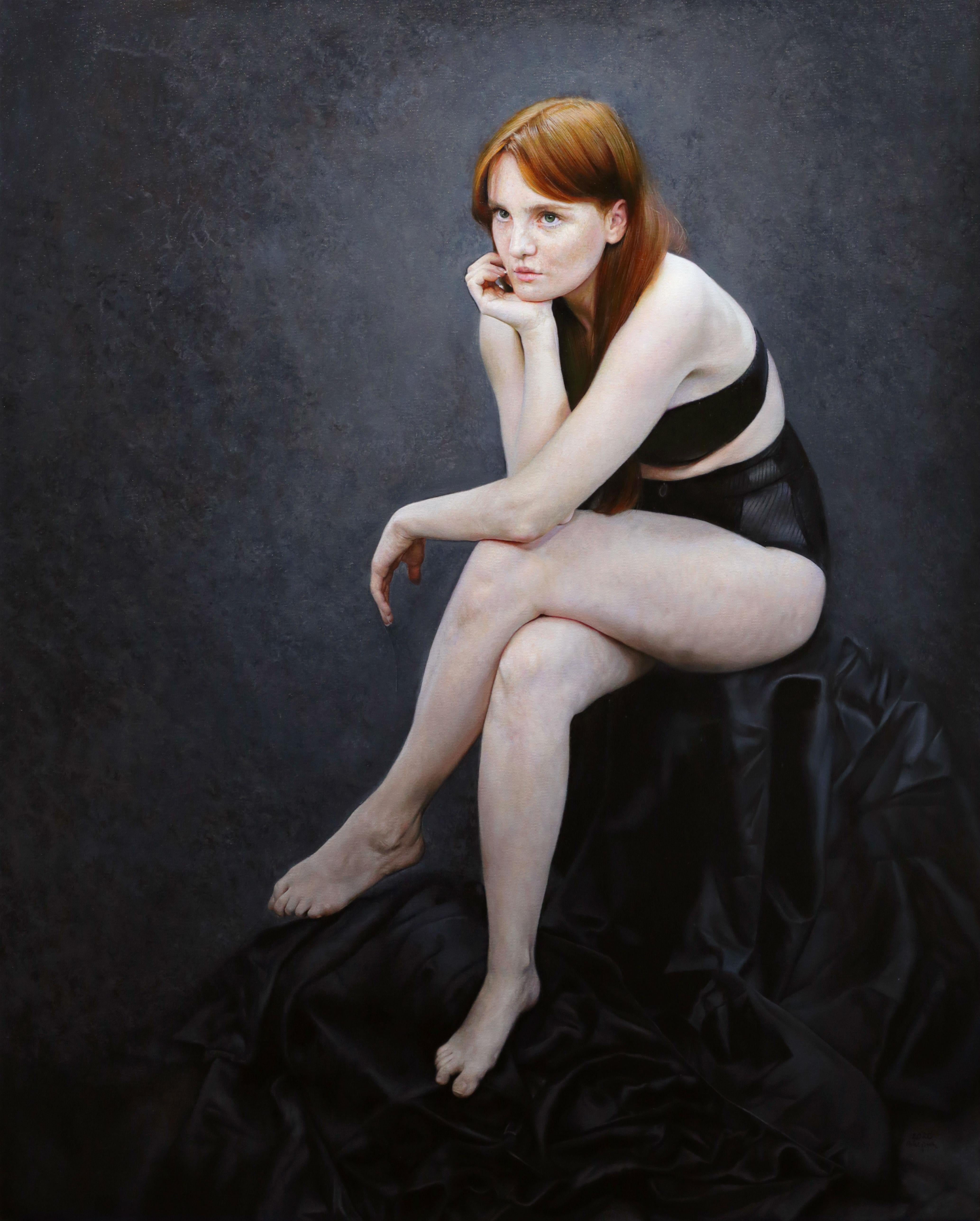 Anna Wypch Figurative Painting - "The Thinker:" Portrait Painting of a Pensive Redhead