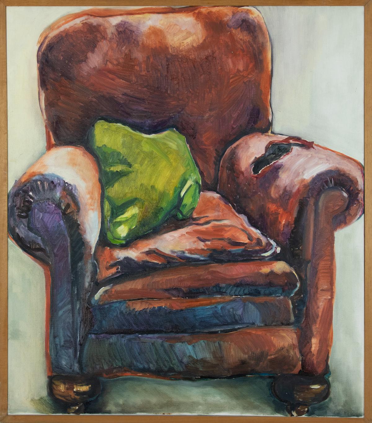 Le fauteuil d'Annabel Daou (née en 1967)
Huile sur toile
116,5 x 102 cm (45 ⁷/₈ x 40 ¹/₈ inches)
Signé au verso, Annabel Pissarro

Provenance
Acheté directement auprès de l'artiste

Une œuvre de jeunesse de cet important artiste né au Liban qui vit
