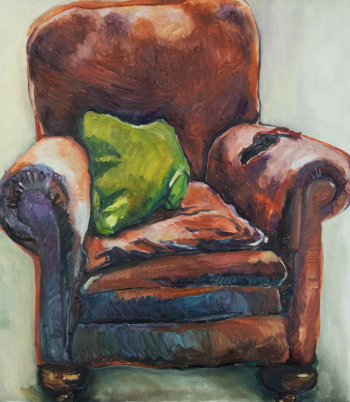 Der Sessel von Annabel Daou (geb. 1967)
Öl auf Leinwand
116,5 x 102 cm (45 ⁷/₈ x 40 ¹/₈ Zoll)
Rückseitig signiert, Annabel Pissarro

Provenienz
Direkt bei der Künstlerin gekauft

Ein sehr frühes Werk dieses bedeutenden libanesischen Künstlers, der
