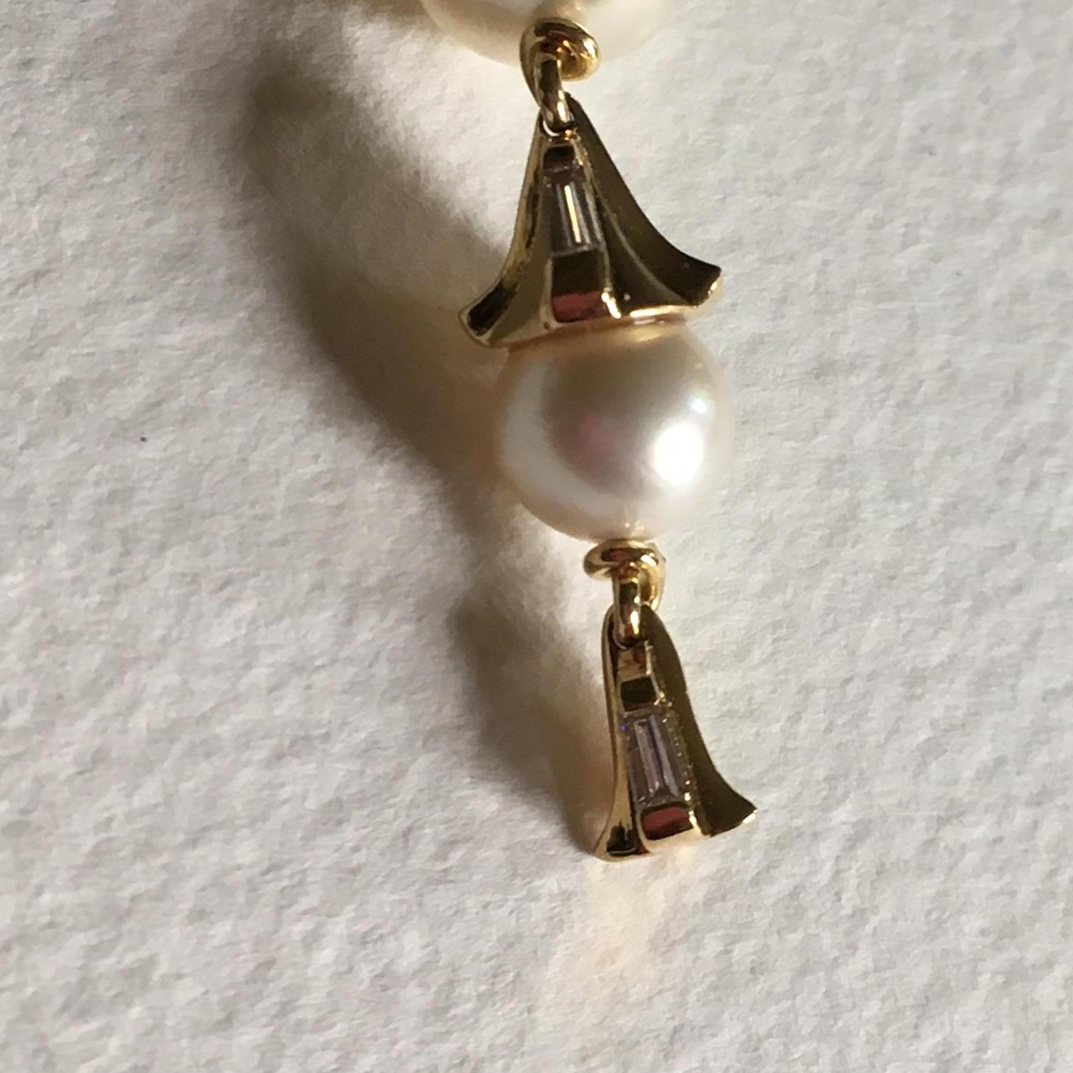 Contemporary Annabel Eley Baguette Diamond Akoya Pearl 18 Karat Yellow Gold Dangle Earrings For Sale