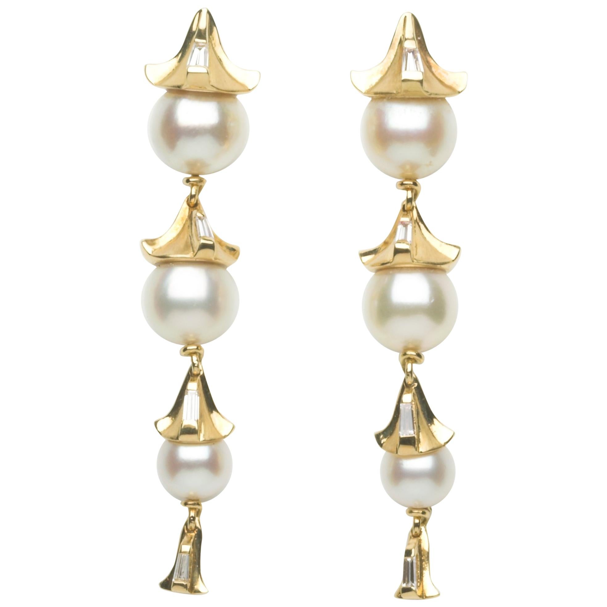 Annabel Eley Baguette Diamond Akoya Pearl 18 Karat Yellow Gold Dangle Earrings For Sale