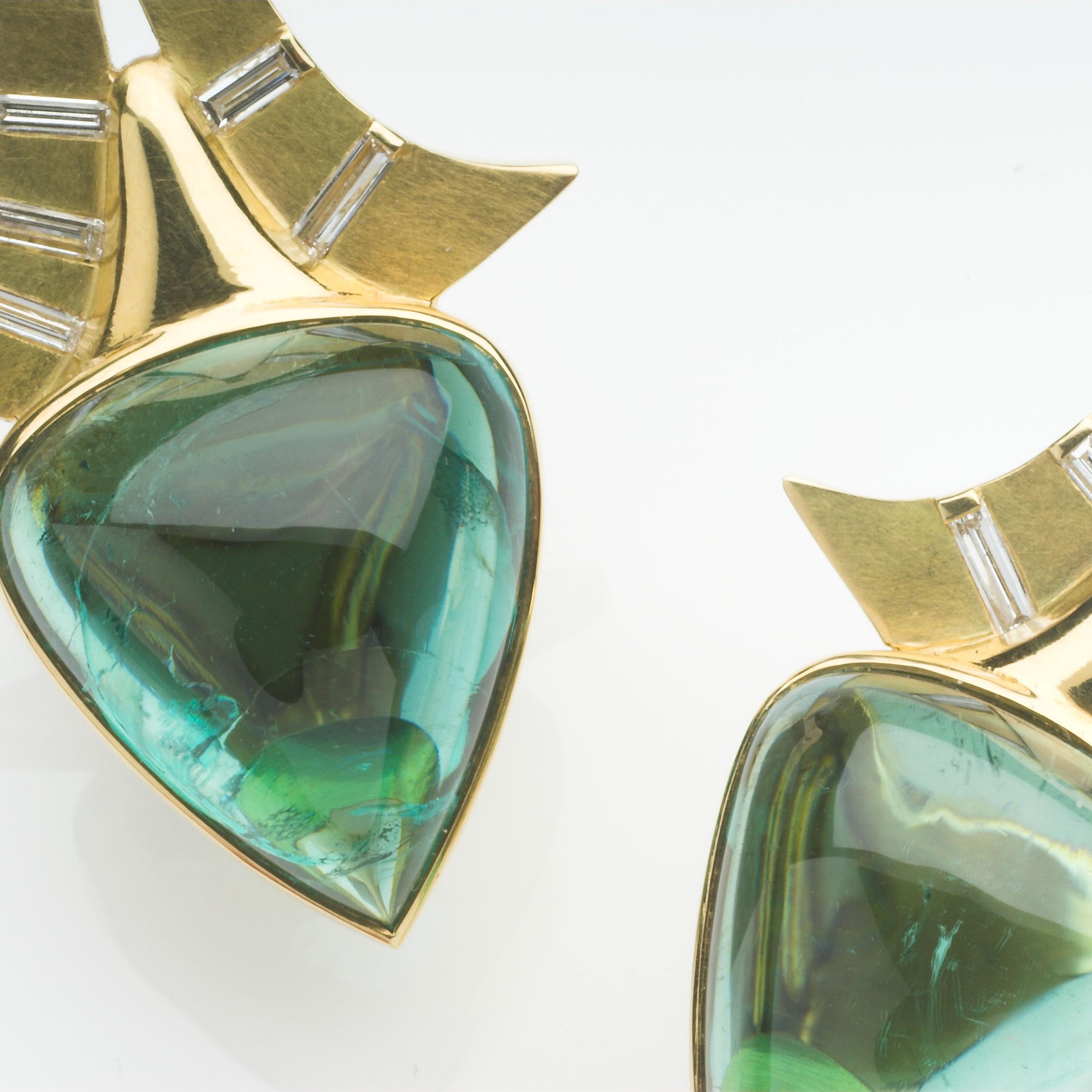 Contemporary Annabel Eley Green Tourmaline Cabochons Baguette Diamonds 18 Karat Gold Earrings For Sale