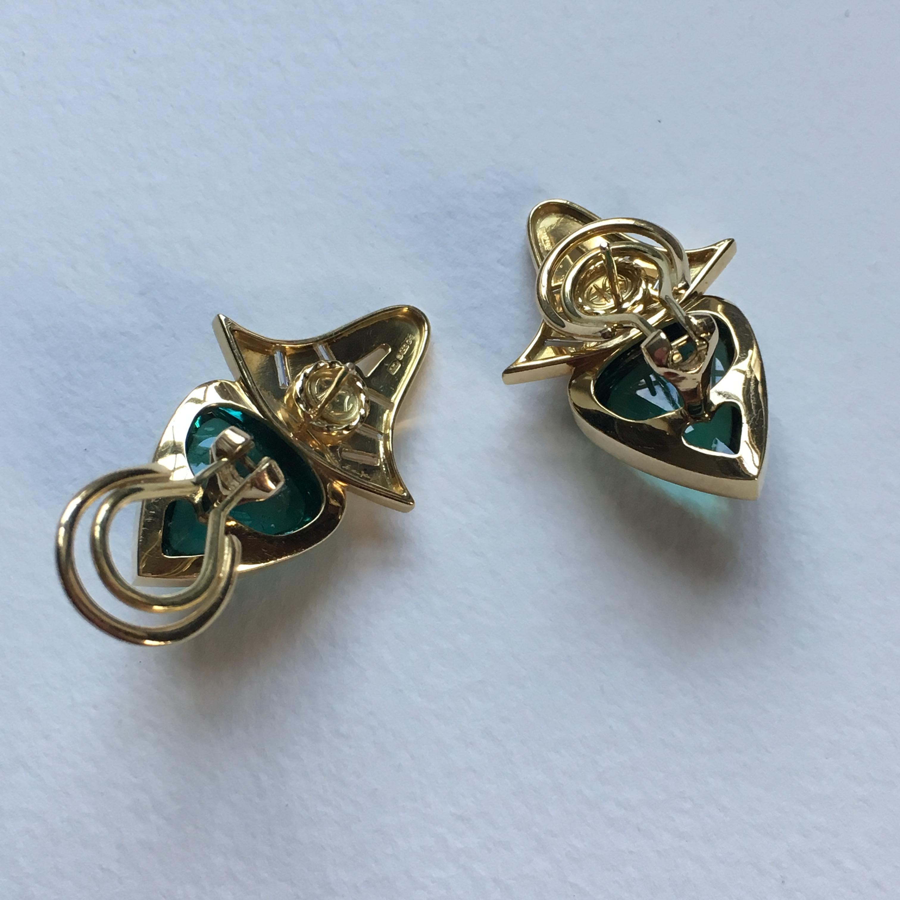 Pear Cut Annabel Eley Green Tourmaline Cabochons Baguette Diamonds 18 Karat Gold Earrings For Sale