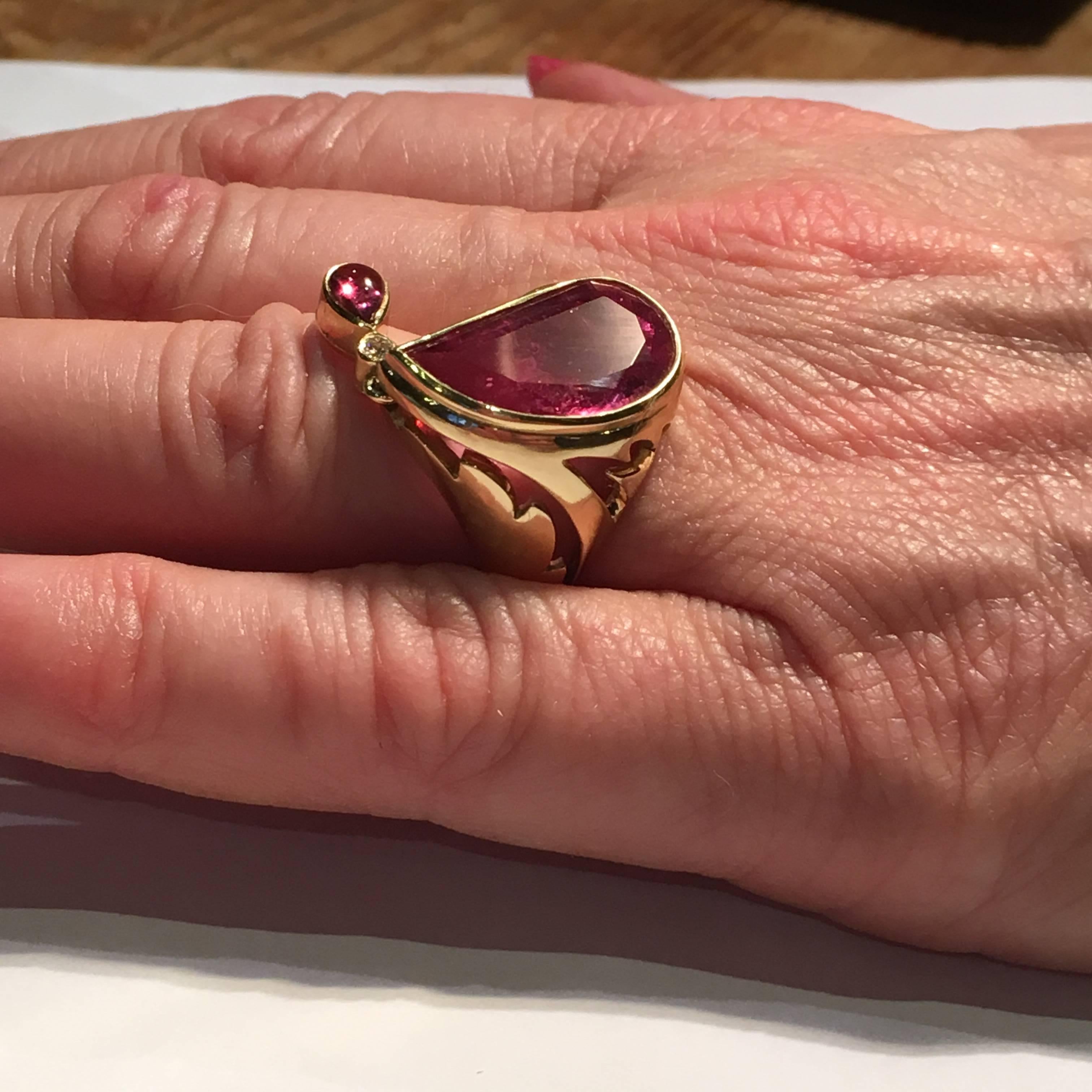 Annabel Eley Pink Tourmaline White Diamond 18 Karat Yellow Gold Cocktail Ring In New Condition For Sale In Huntingdon, GB