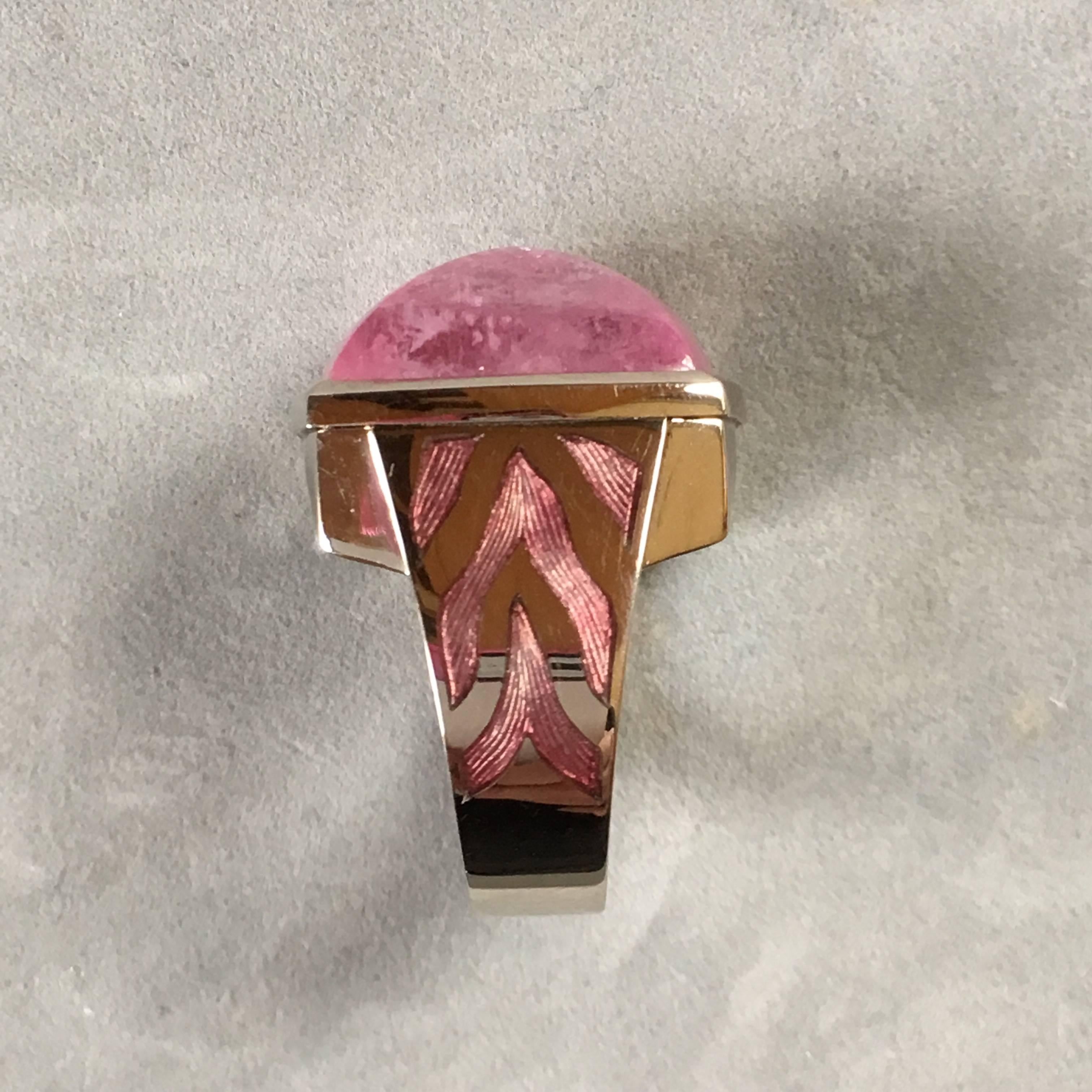 Annabel Eley Baby Pink Tourmaline 18 Karat White Gold Enamel Cocktail Ring In New Condition For Sale In Huntingdon, GB