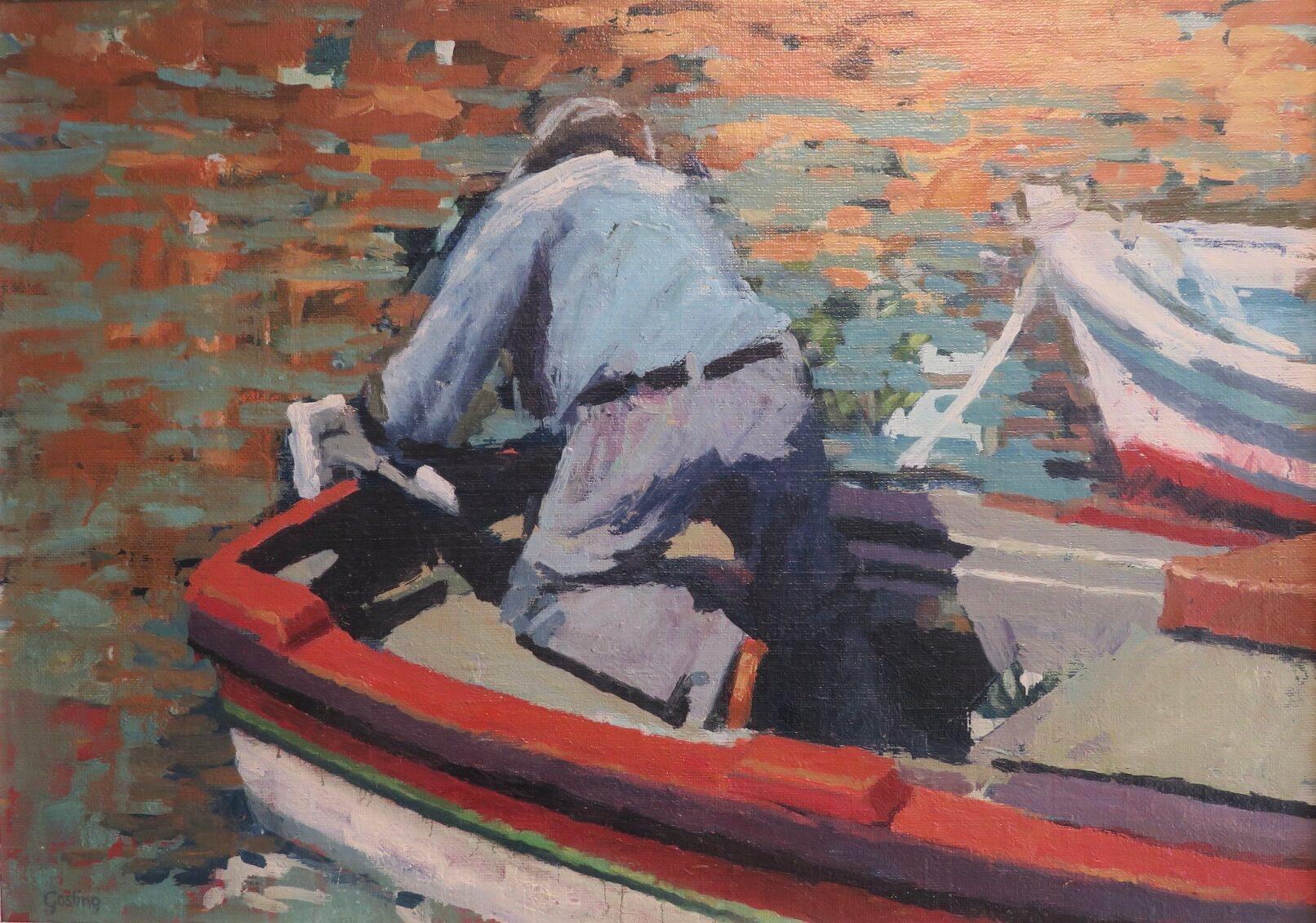 20. Jahrhundert postimpressionistische farbenfrohe Ölgemälde FISCHEREIBOOT Spanien Griechenland – Painting von Annabel Gosling