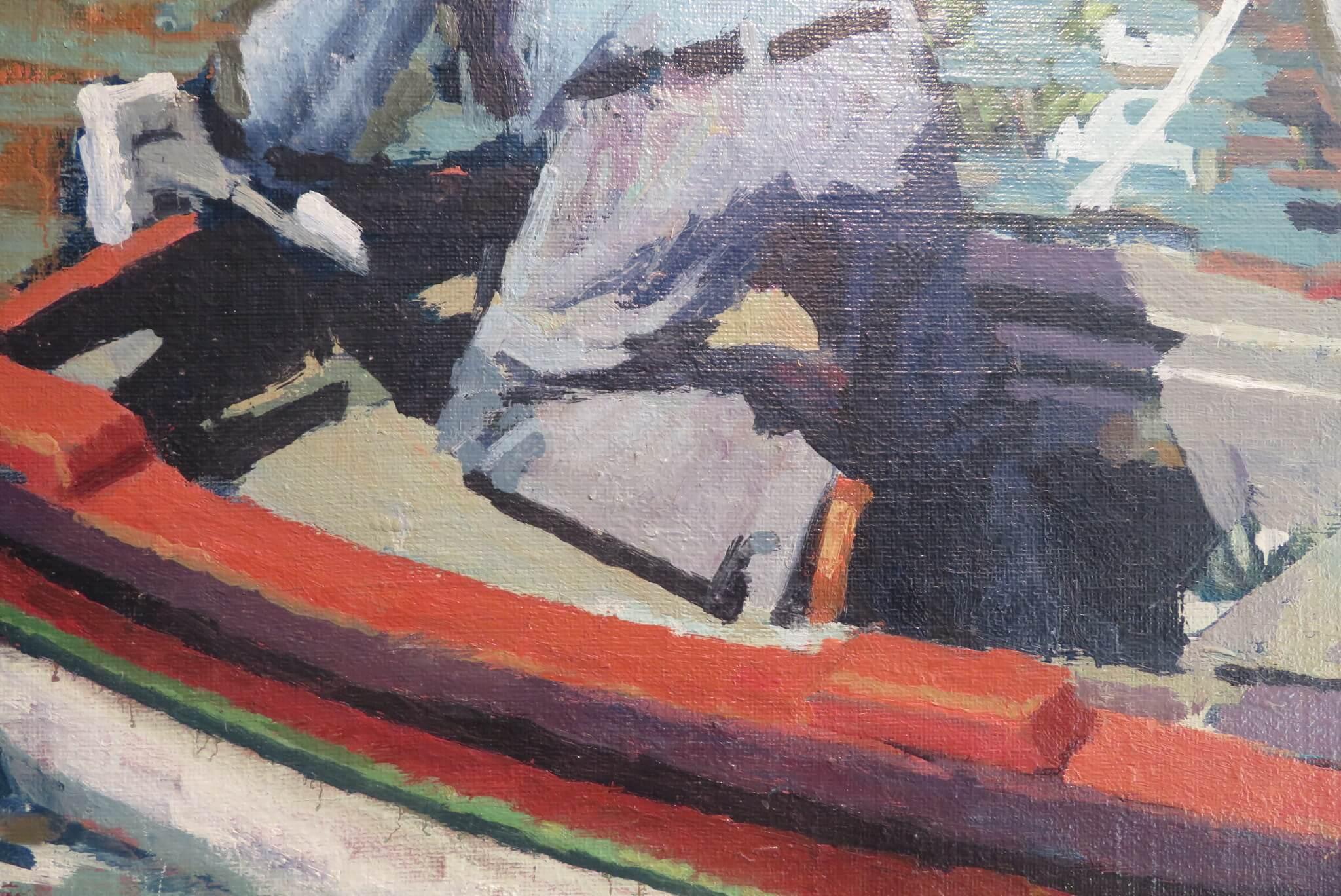 20. Jahrhundert postimpressionistische farbenfrohe Ölgemälde FISCHEREIBOOT Spanien Griechenland (Braun), Figurative Painting, von Annabel Gosling