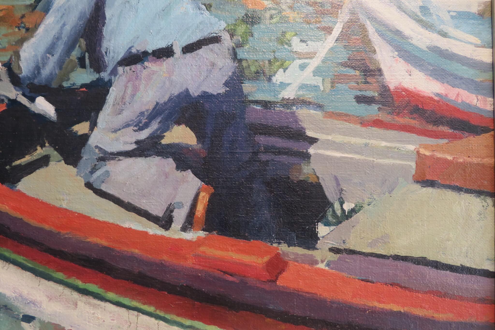 20. Jahrhundert postimpressionistische farbenfrohe Ölgemälde FISCHEREIBOOT Spanien Griechenland im Angebot 1
