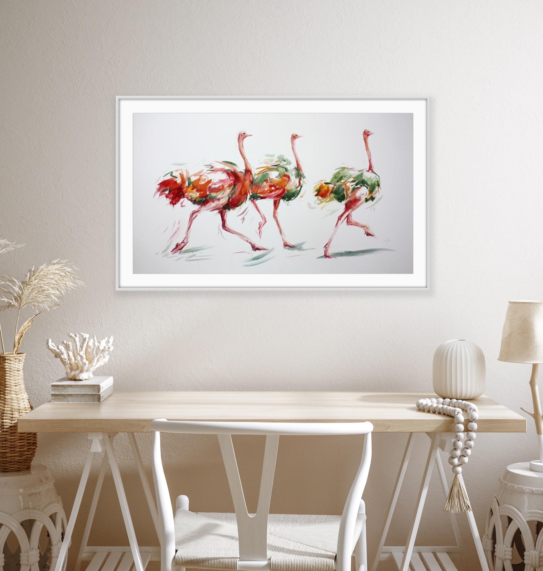 Annabel Pope.

Dancing Trio is a beautiful limited edition print in an edition of 150 print. This print features three ostriches sprinting through the plains. Annabel Pope catches the movement of these three magnificent birds within her work