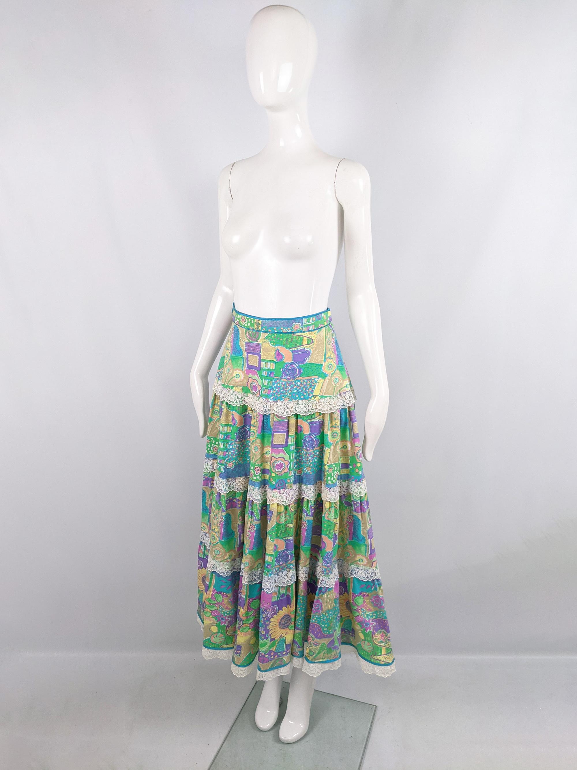 Gray Annabelinda Vintage Tiered Expressionist Print Boho Peasant Maxi Skirt, 1970s For Sale