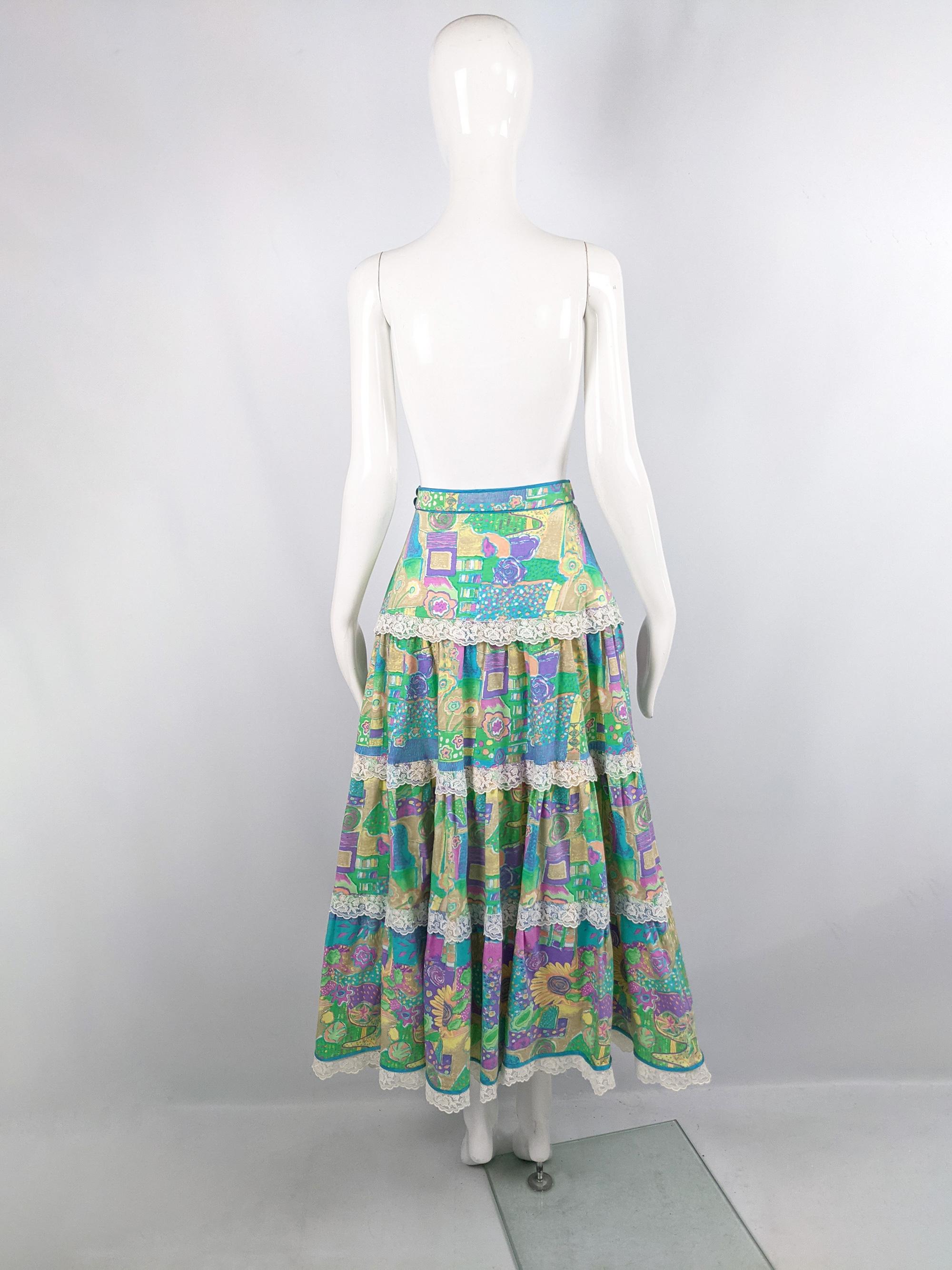 Annabelinda Vintage Tiered Expressionist Print Boho Peasant Maxi Skirt, 1970s In Excellent Condition For Sale In Doncaster, South Yorkshire