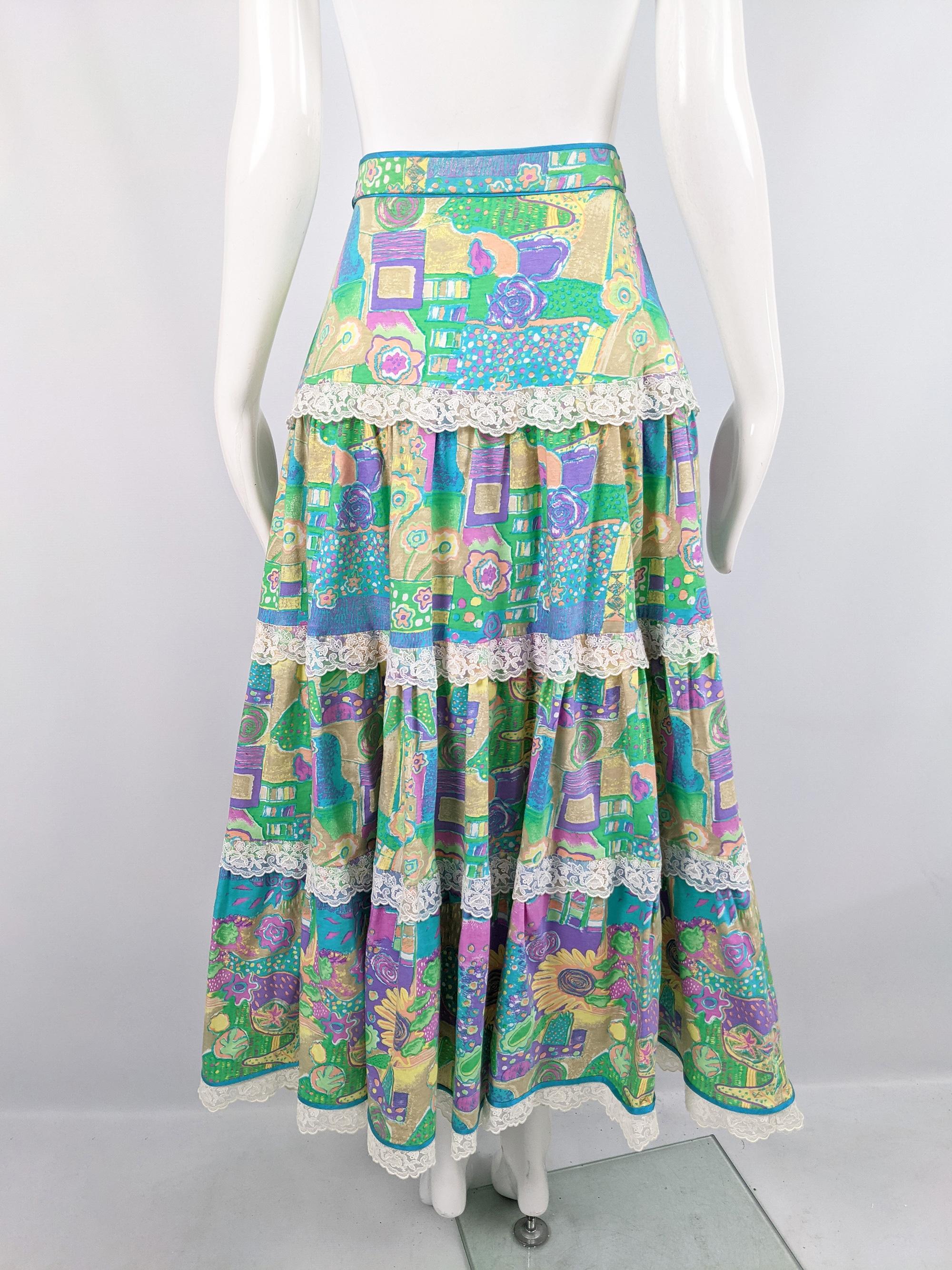Women's Annabelinda Vintage Tiered Expressionist Print Boho Peasant Maxi Skirt, 1970s For Sale